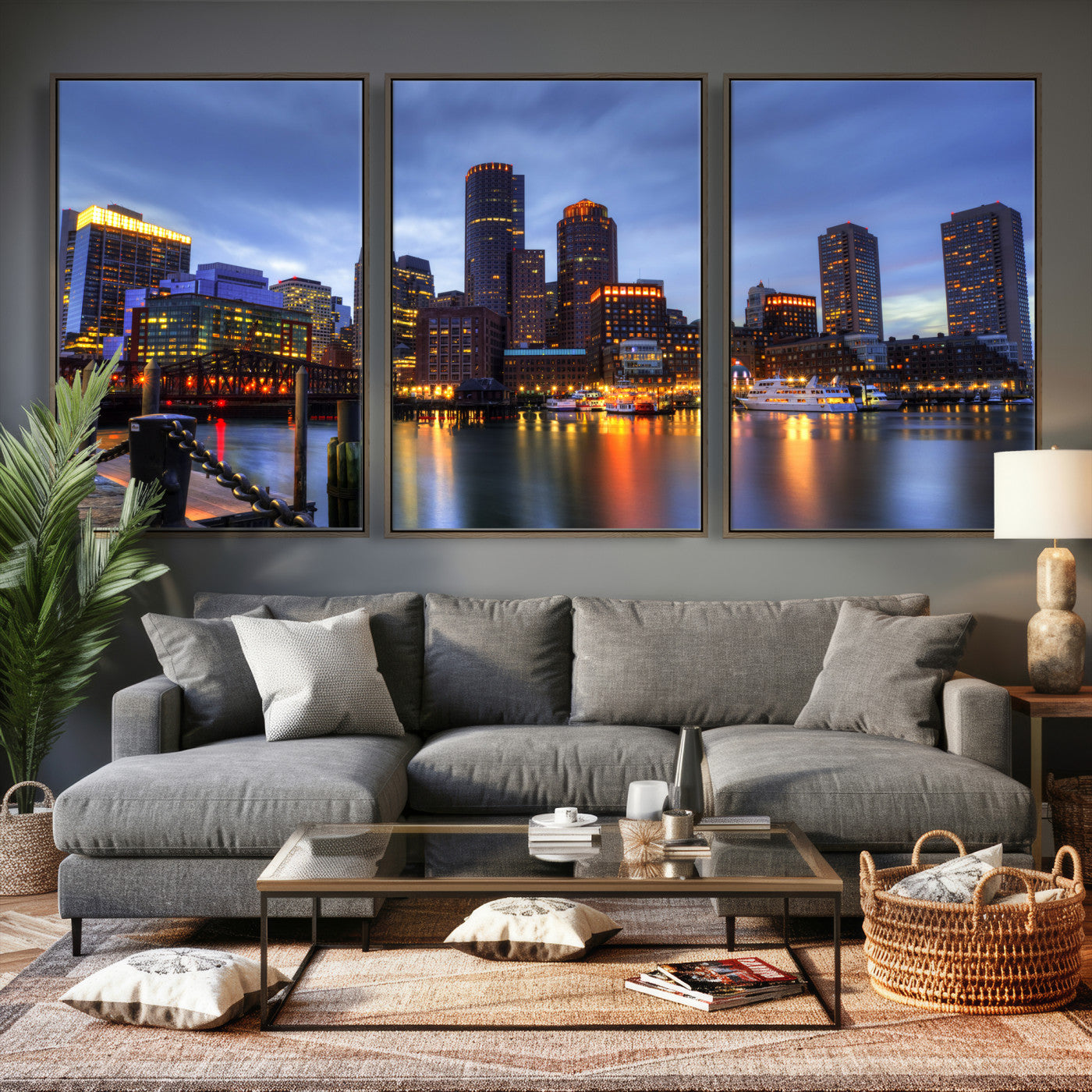 74951698-MGV-CV-60X30-3P - Boston Wall Art Canvas Print, Boston City Downtown Night Cityscape Print for Modern Urban Wall Decor