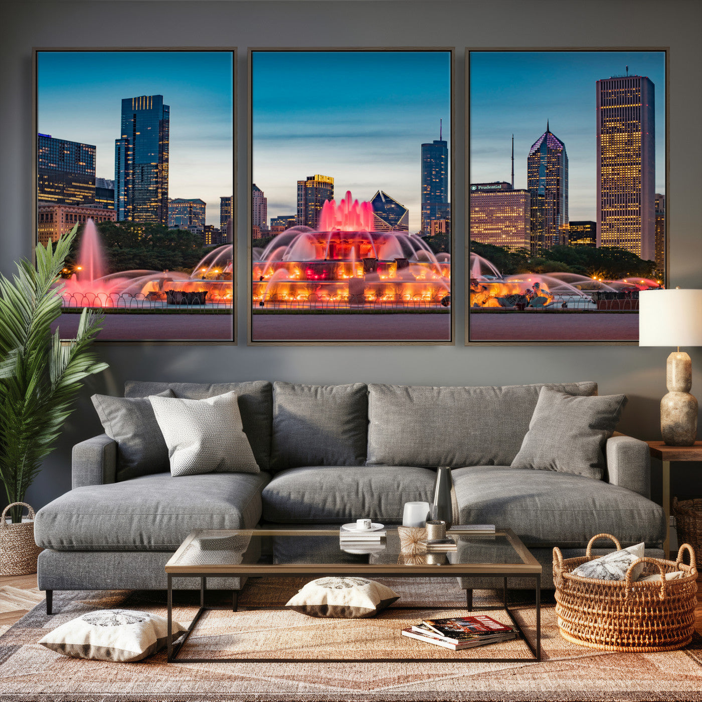 46805285-MGV-CV-36X24 - Chicago Wall Art Canvas Print, Chicago City Downtown Night Cityscape Print for Modern Urban Wall Decor