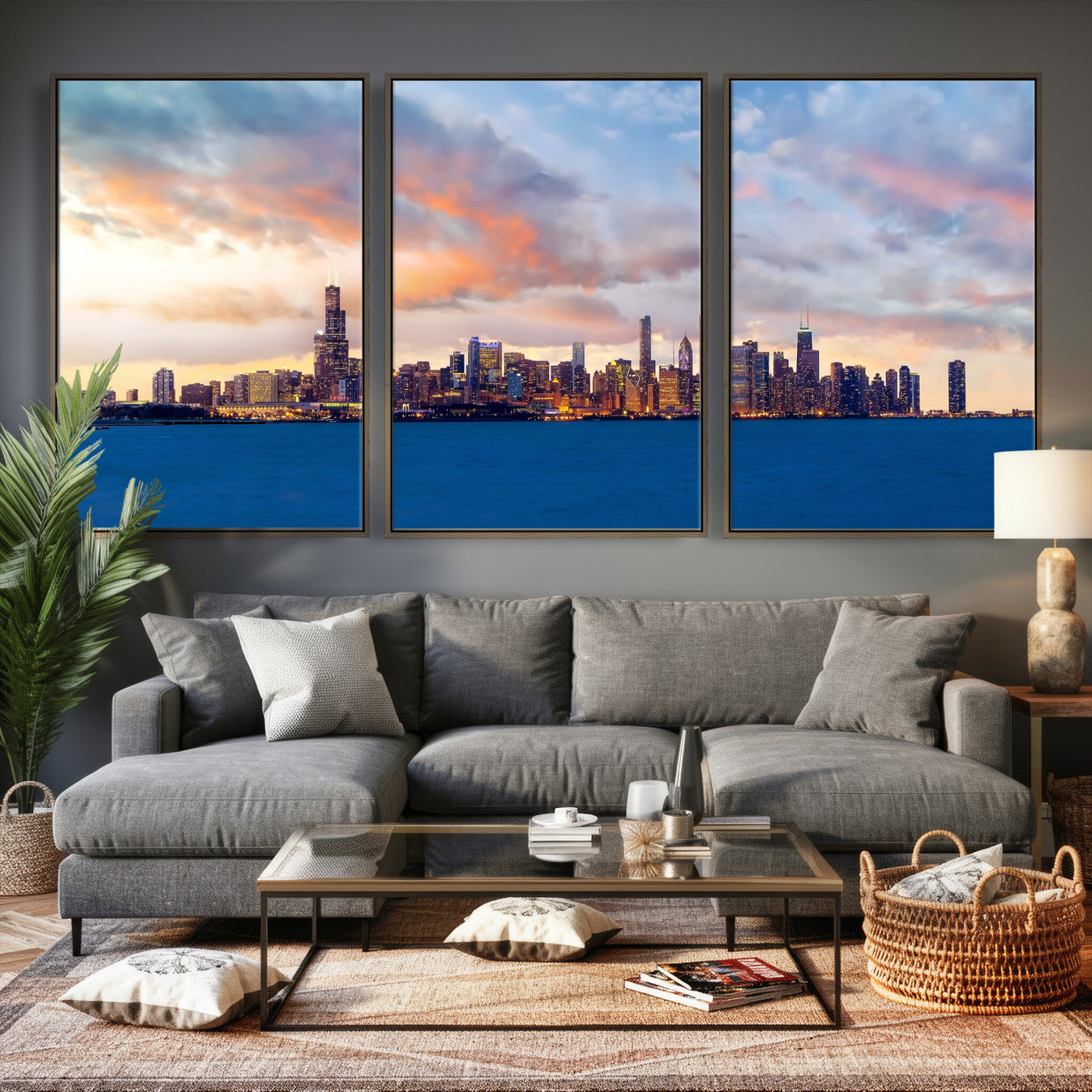 34667960-MGV-CV-36X24 - Chicago Wall Art Canvas Print, Chicago City Downtown Night Cityscape Print for Modern Urban Wall Decor