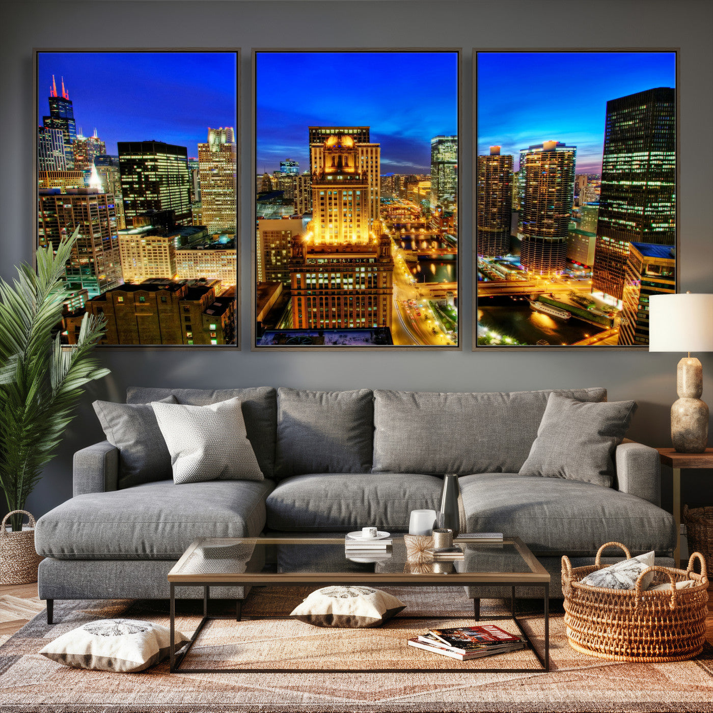 46298885-MGV-CV-36X24 - Chicago Wall Art Canvas Print, Chicago City Downtown Night Cityscape Print for Modern Urban Wall Decor