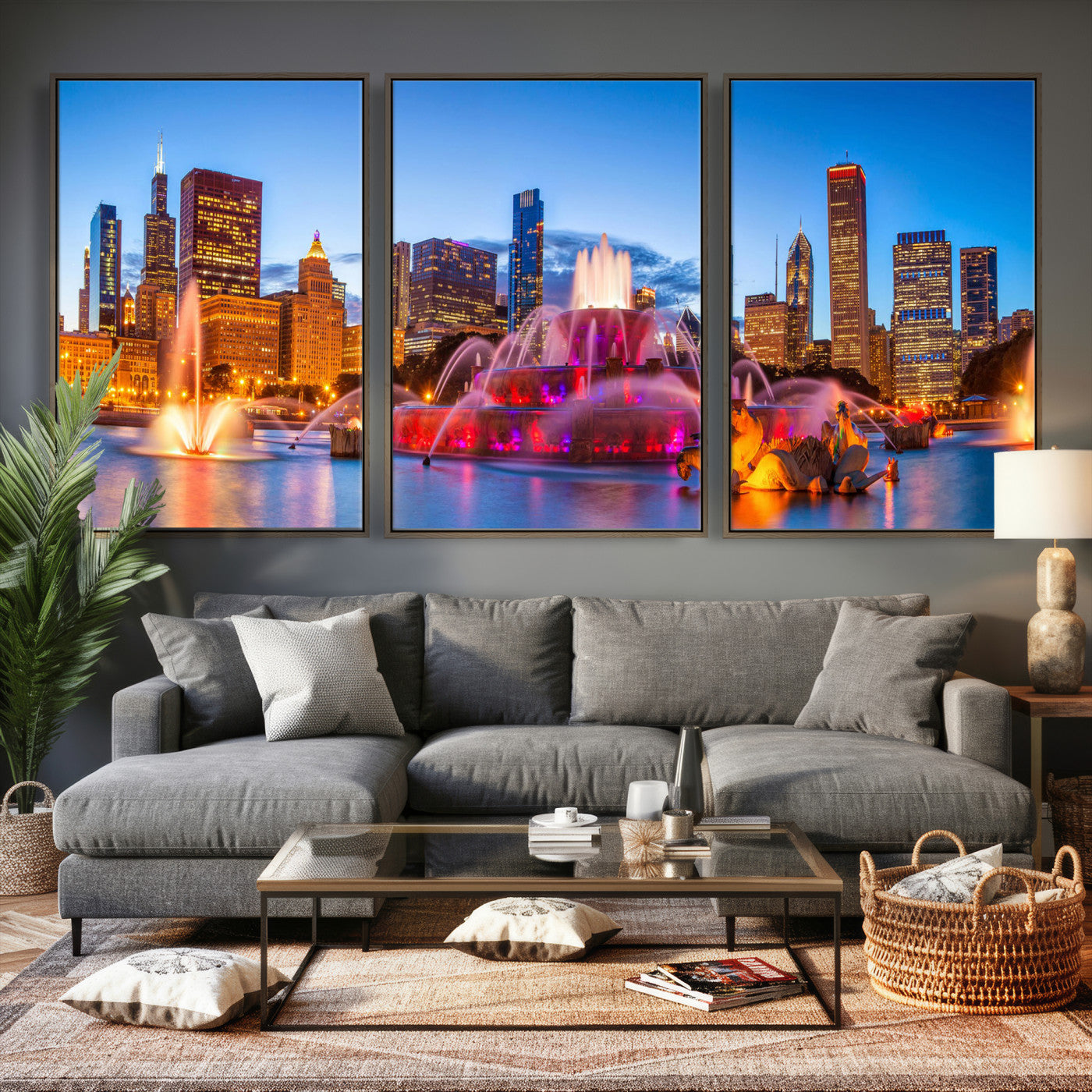 20251989-MGV-CV-36X24 - Chicago Wall Art Canvas Print, Chicago City Downtown Night Cityscape Print for Modern Urban Wall Decor