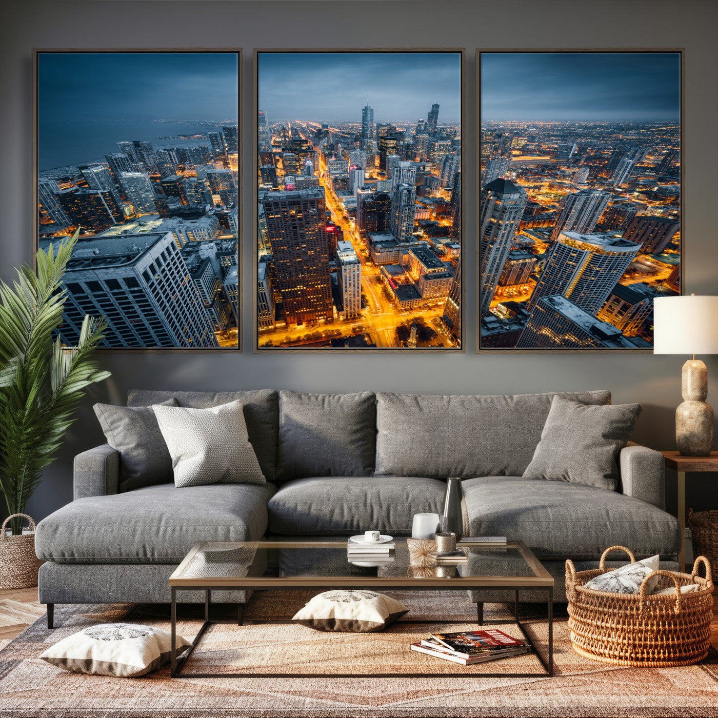 81742538-MGV-CV-36X24 - Chicago Wall Art Canvas Print, Chicago City Downtown Night Cityscape Print for Modern Urban Wall Decor