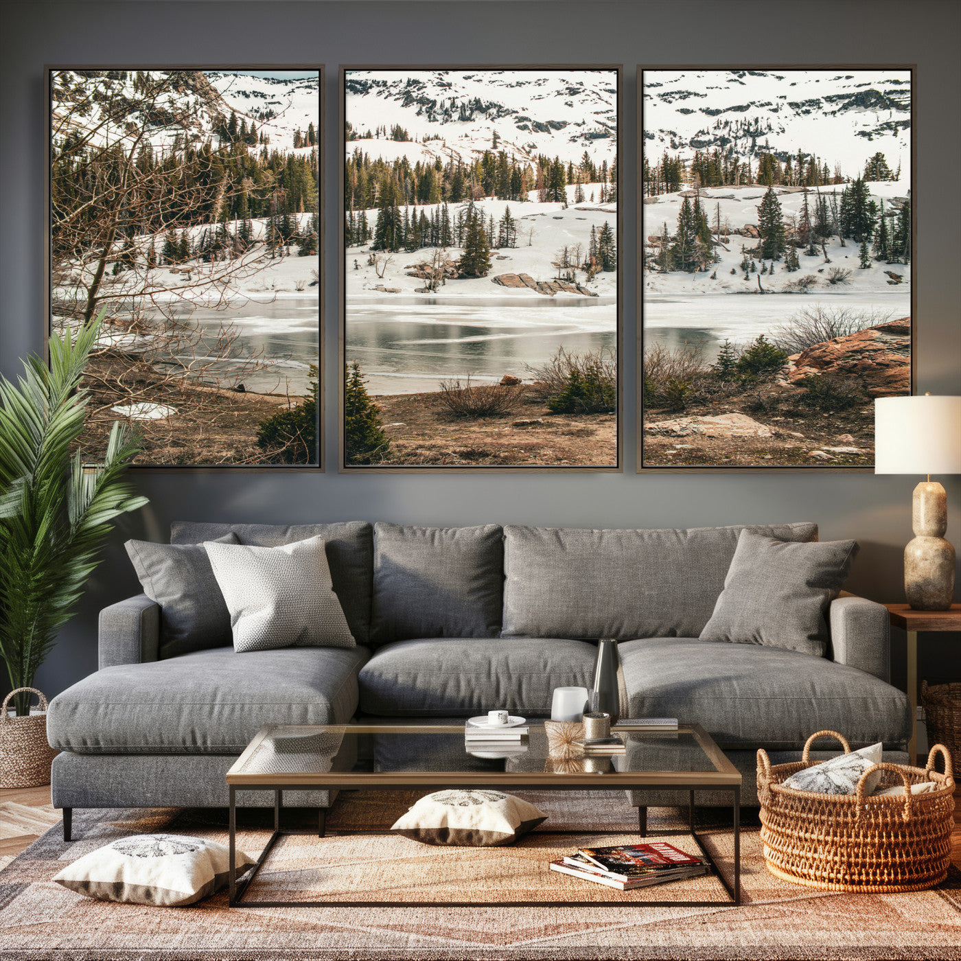 10336249-MGV-CV-36X24 - Snowy Mountain Landscape Wall Art Canvas Print, Alpine Pine Forest Winter Nature Wall Decor for Living Room and Office