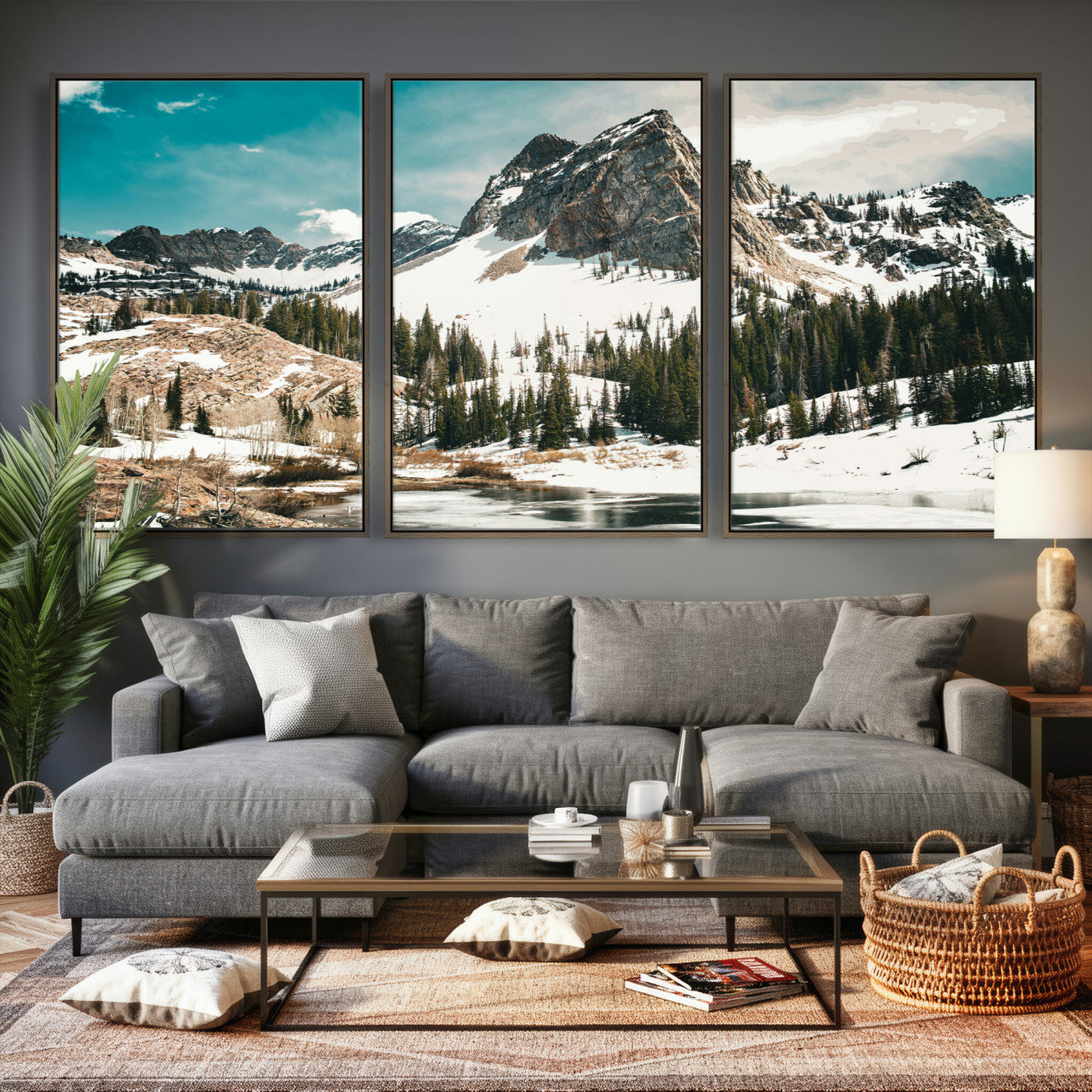 56837070-MGV-CV-36X24 - Snowy Mountain Landscape Wall Art Canvas Print, Alpine Pine Forest Winter Nature Wall Decor for Living Room and Office