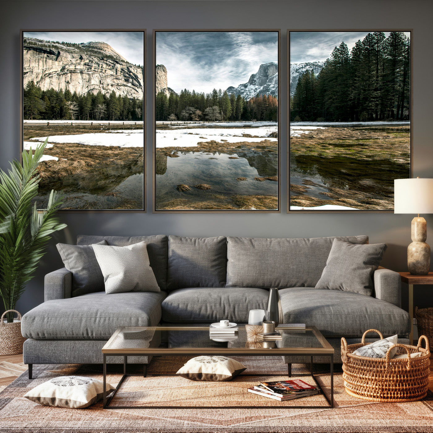 14527348-MGV-CV-36X24 - Yosemite Valley Mountain Landscape Wall Art Canvas Print, Granite Cliff Forest Valley Canvas Print, California National Park Scenic Art Printing