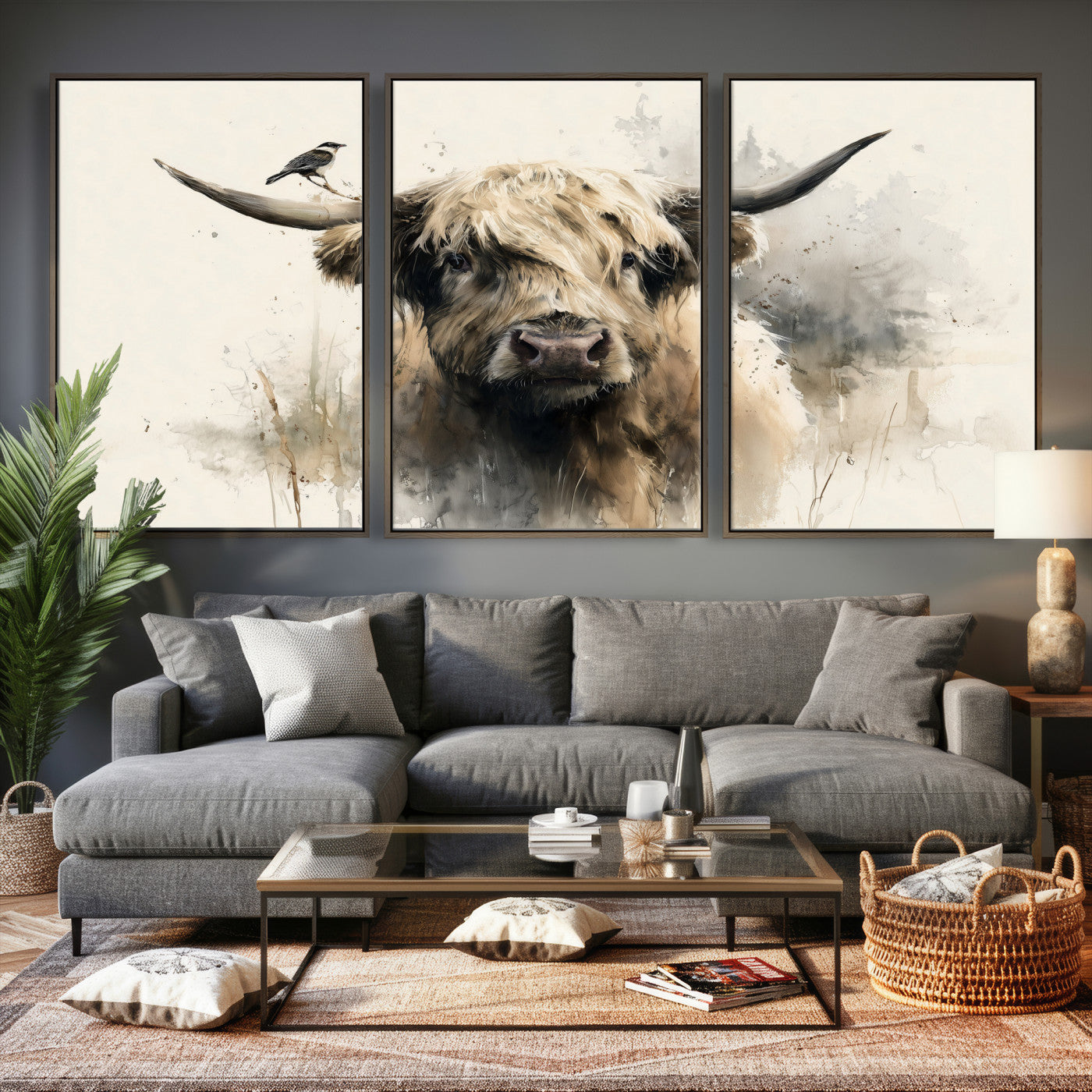 98249290-MGV-CV-36X24 - Abstract Highland Cow Watercolor Animal Wall Art Canvas Print, Rustic Farm Cattle Portrait Canvas Print, Neutral Wildlife Farmhouse Art Printing