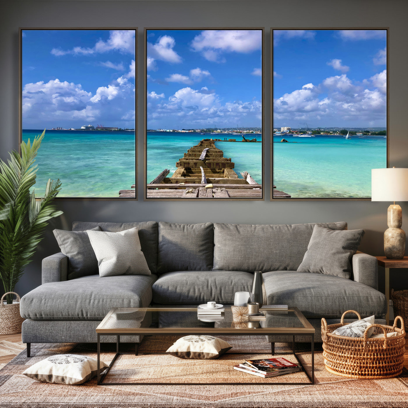 43165024-MGV-CV-36X24 - Caribbean Ocean Pier Seascape Wall Art Canvas Print, Turquoise Sea Tropical Harbor Canvas Print, Island Coastal Blue Water Scenic Art Printing