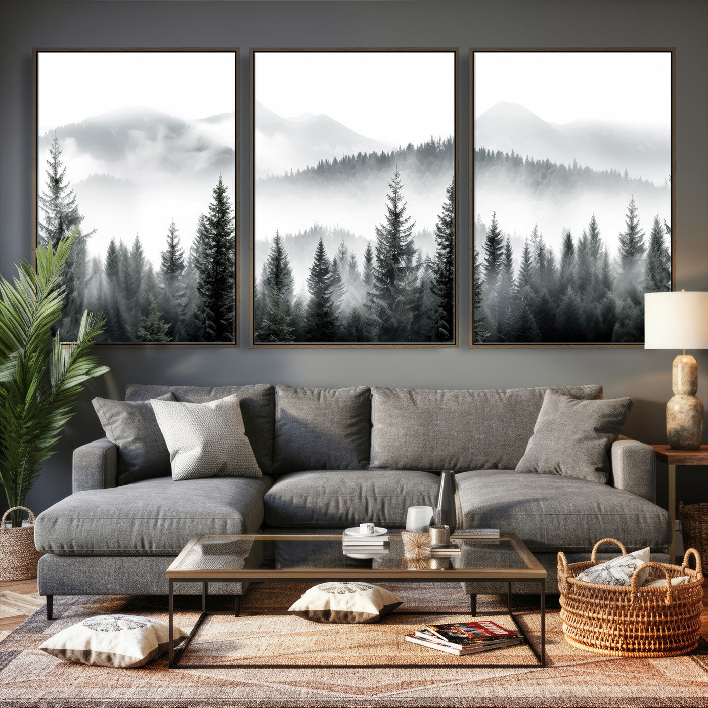 38819032-MGV-CV-36X24 - Misty Pine Forest Mountain Landscape Wall Art Canvas Print, Foggy Evergreen Trees Minimal Nature Canvas Print, Monochrome Wilderness Scenic Art Printing