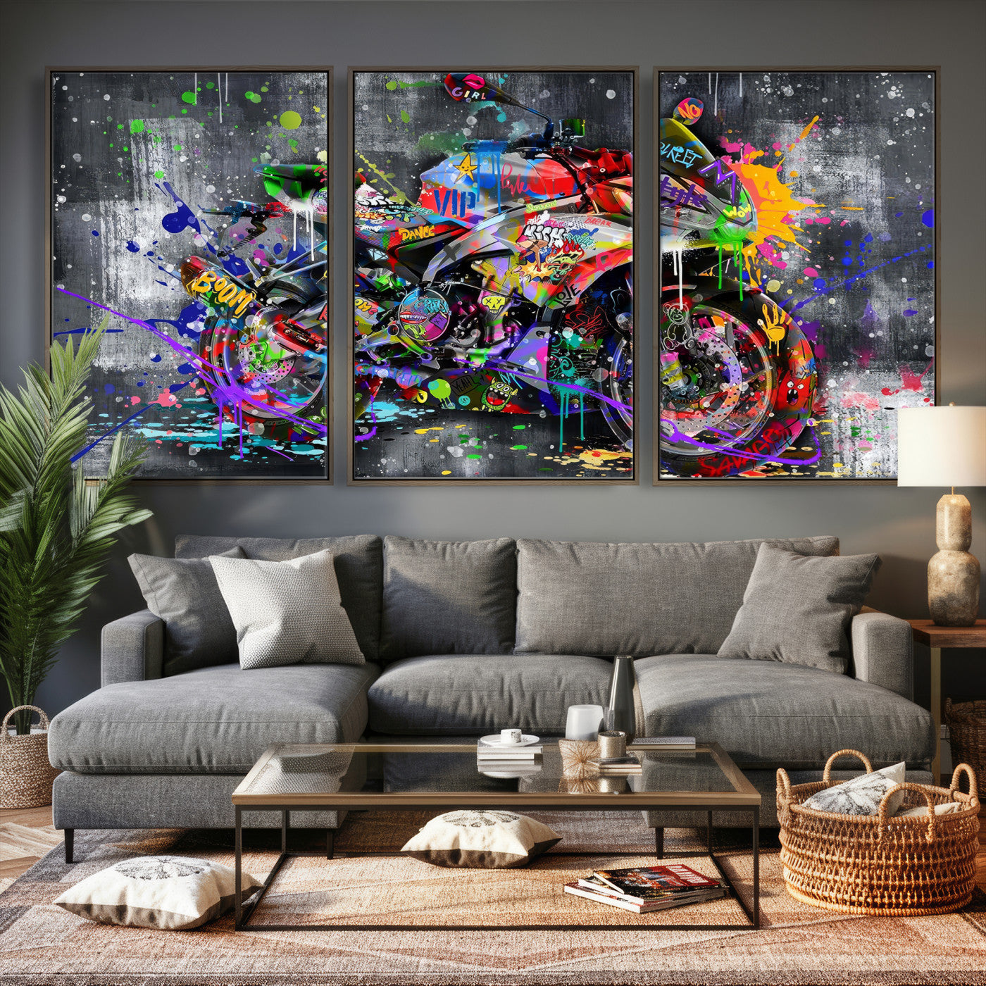 83021767-MGV-CV-36X24 - Graffiti Motorcycle Wall Art Canvas Print, Urban Street Art Motorbike Decor, Colorful Graffiti Sports Bike Artwork