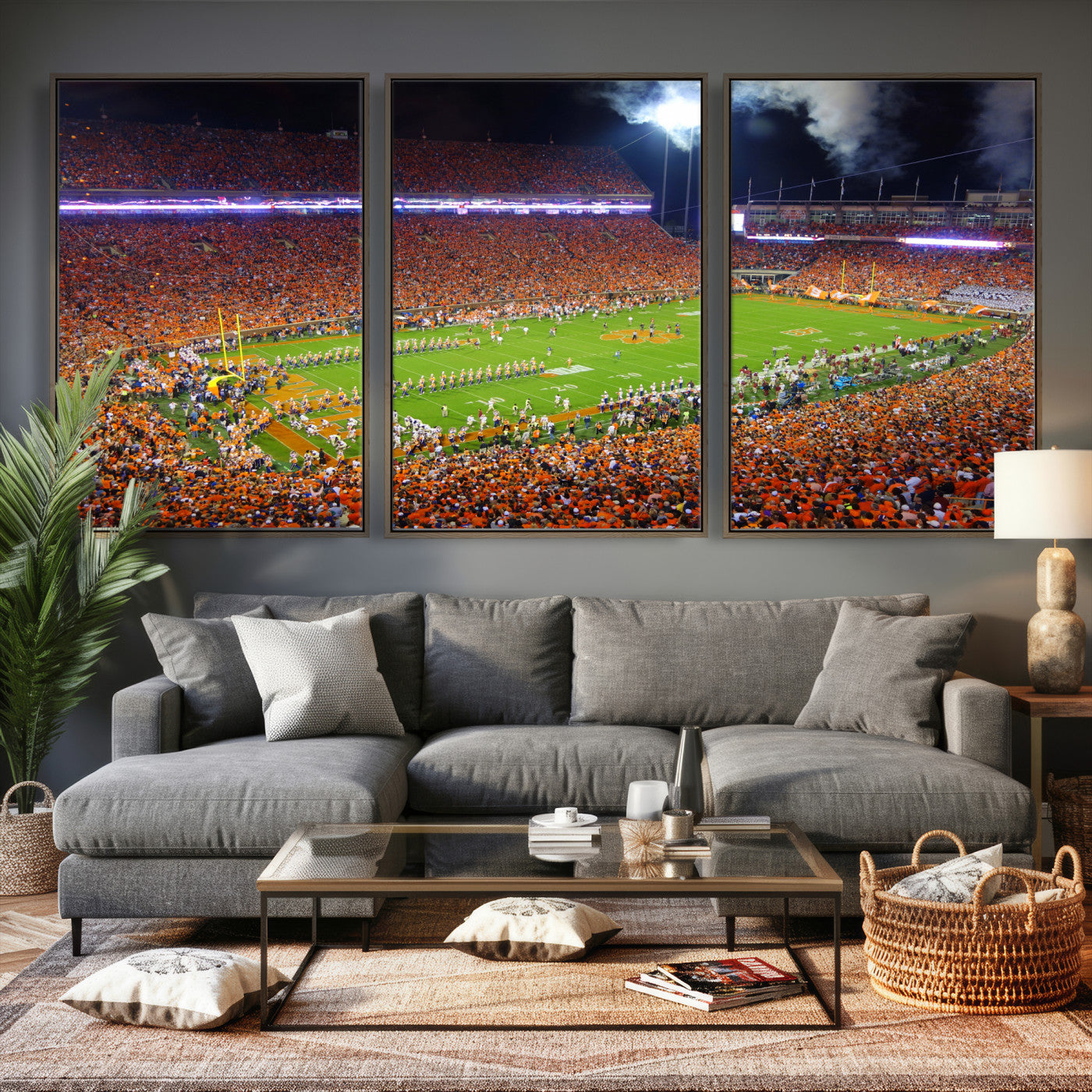 43662631-MGV-CV-36X24 - Clemson Football Stadium Wall Art Canvas Print, College Football Crowd Night Game Scene, Orange Stadium Panorama Wall Decor