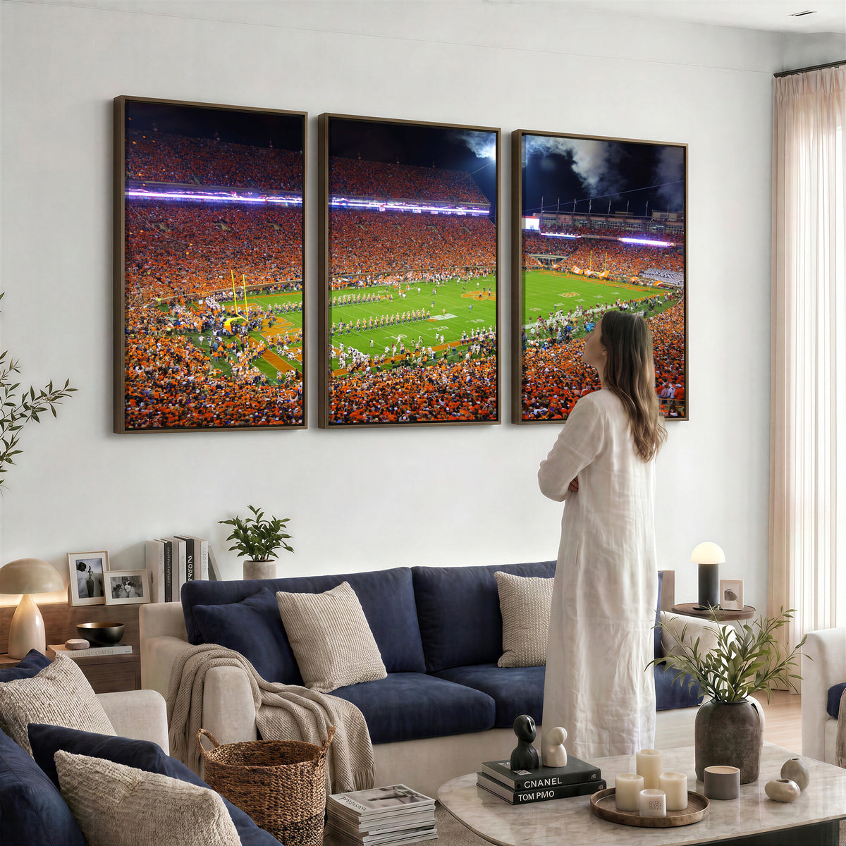 43662631-MGV-CV-36X24 - Clemson Football Stadium Wall Art Canvas Print, College Football Crowd Night Game Scene, Orange Stadium Panorama Wall Decor