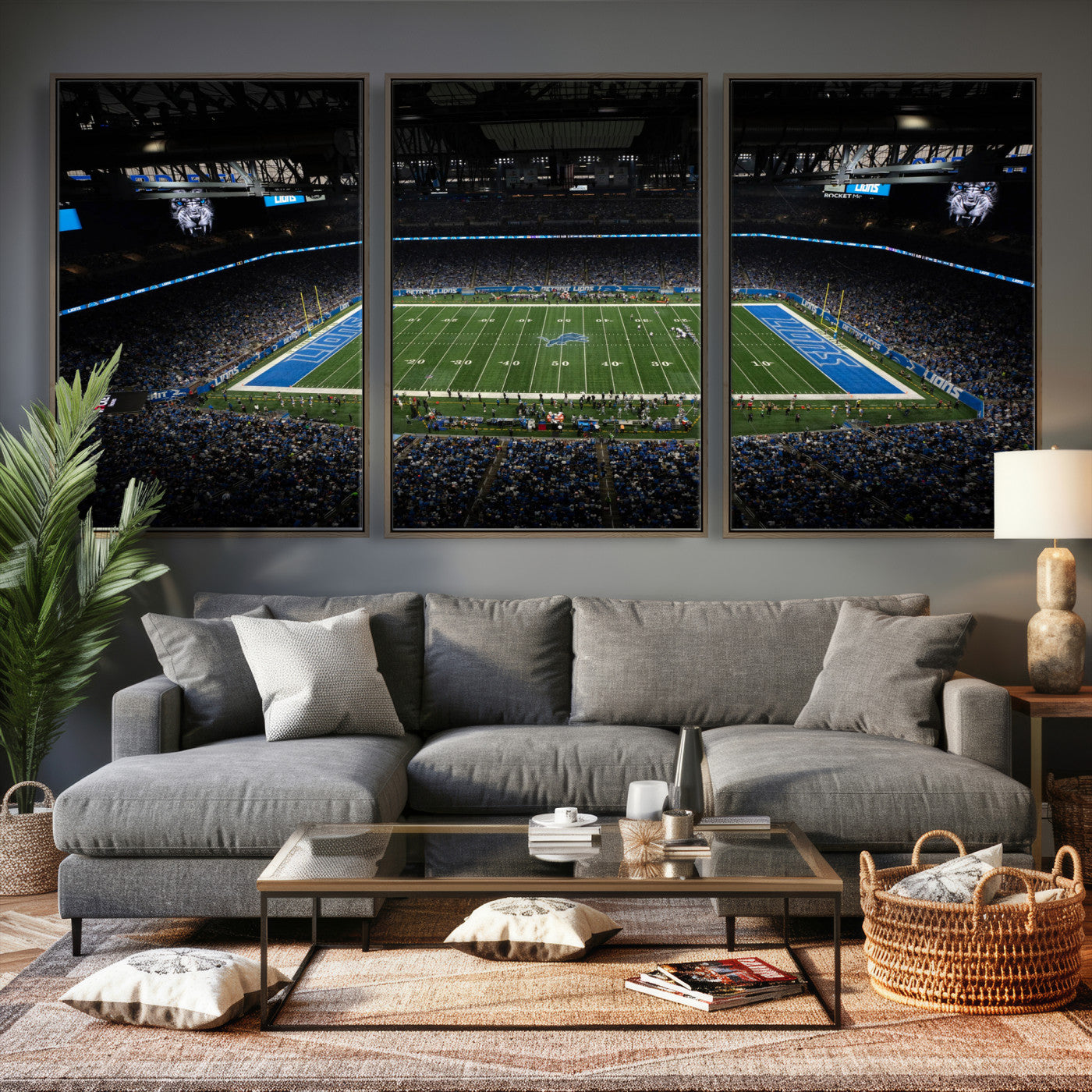 16709602-MGV-CV-36X24 - Detroit Lions Stadium Wall Art Canvas Print, Football Field Panorama Artwork, NFL Game Night Stadium Decor