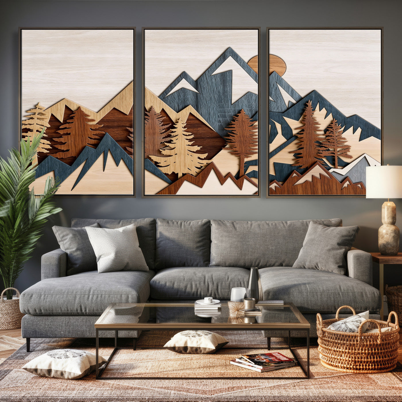 39888898-MGV-CV-36X24 - Layered Wooden Mountain Wall Art Canvas Print, Modern Rustic Forest and Pine Landscape Wall Decor