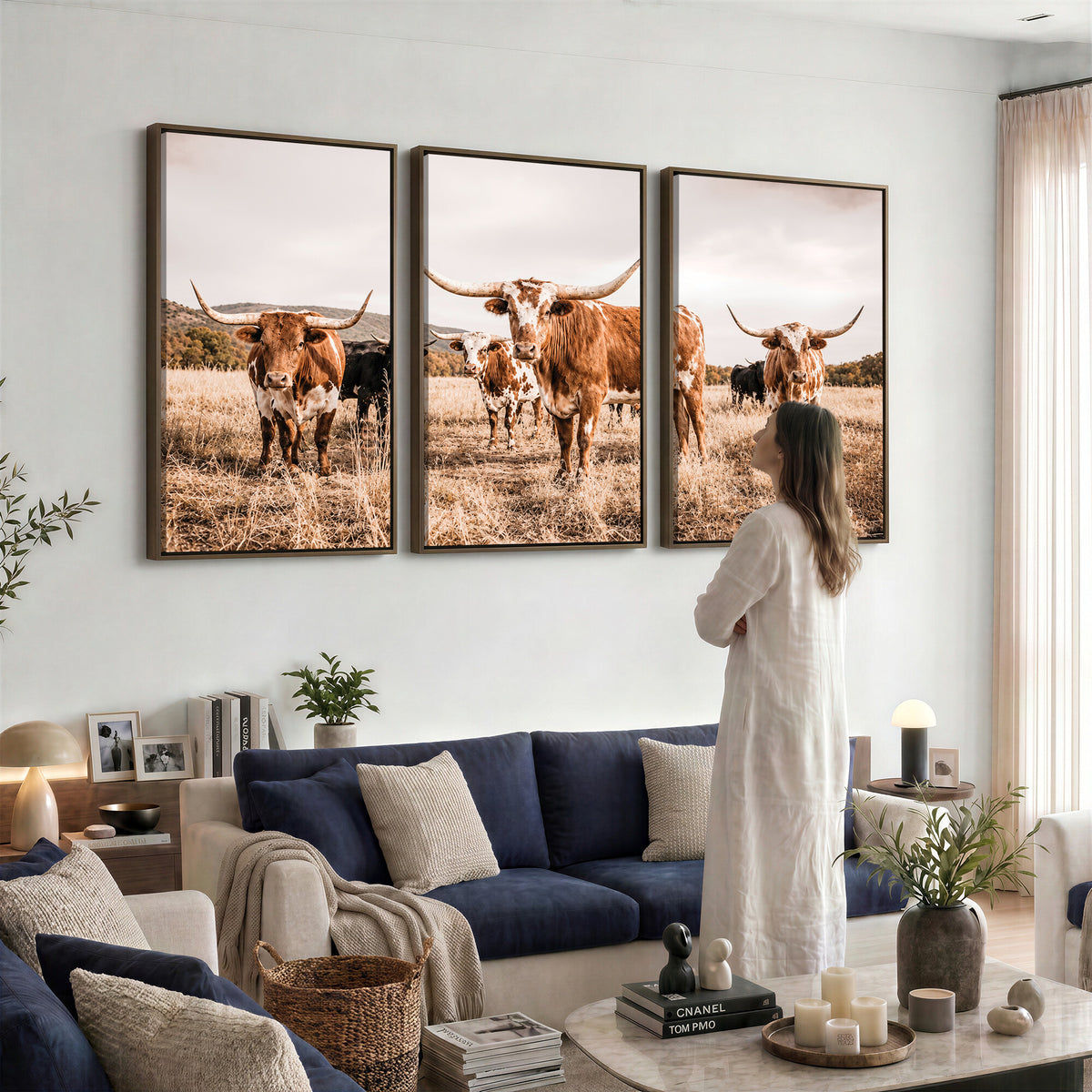27539727-MGV-CV-36X24 - Texas Longhorn Cattle Wall Art Canvas Print, Sepia Western Decor