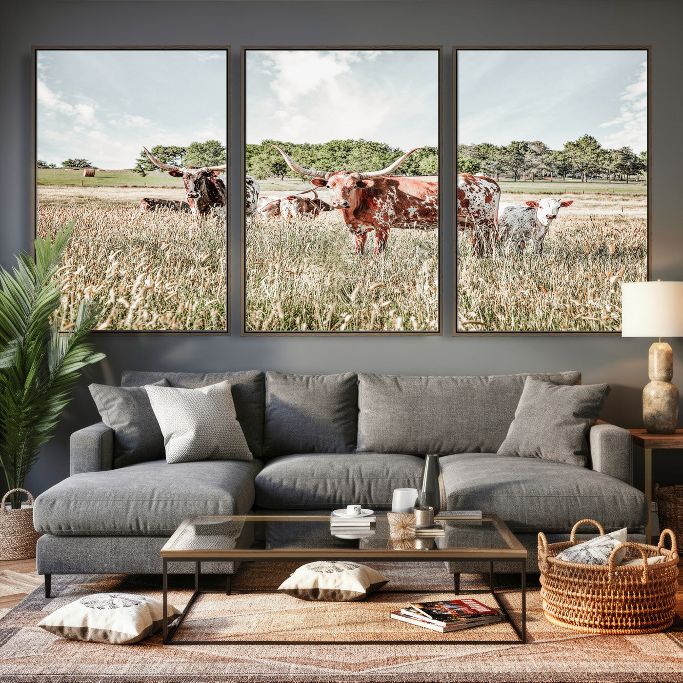 21823552-MGV-CV-36X24 - Texas Longhorn Cattle Wall Art Canvas Print, Rustic Ranch Landscape Artwork, Western Farm Field Scene, Country Prairie Animal Canvas Wall Art