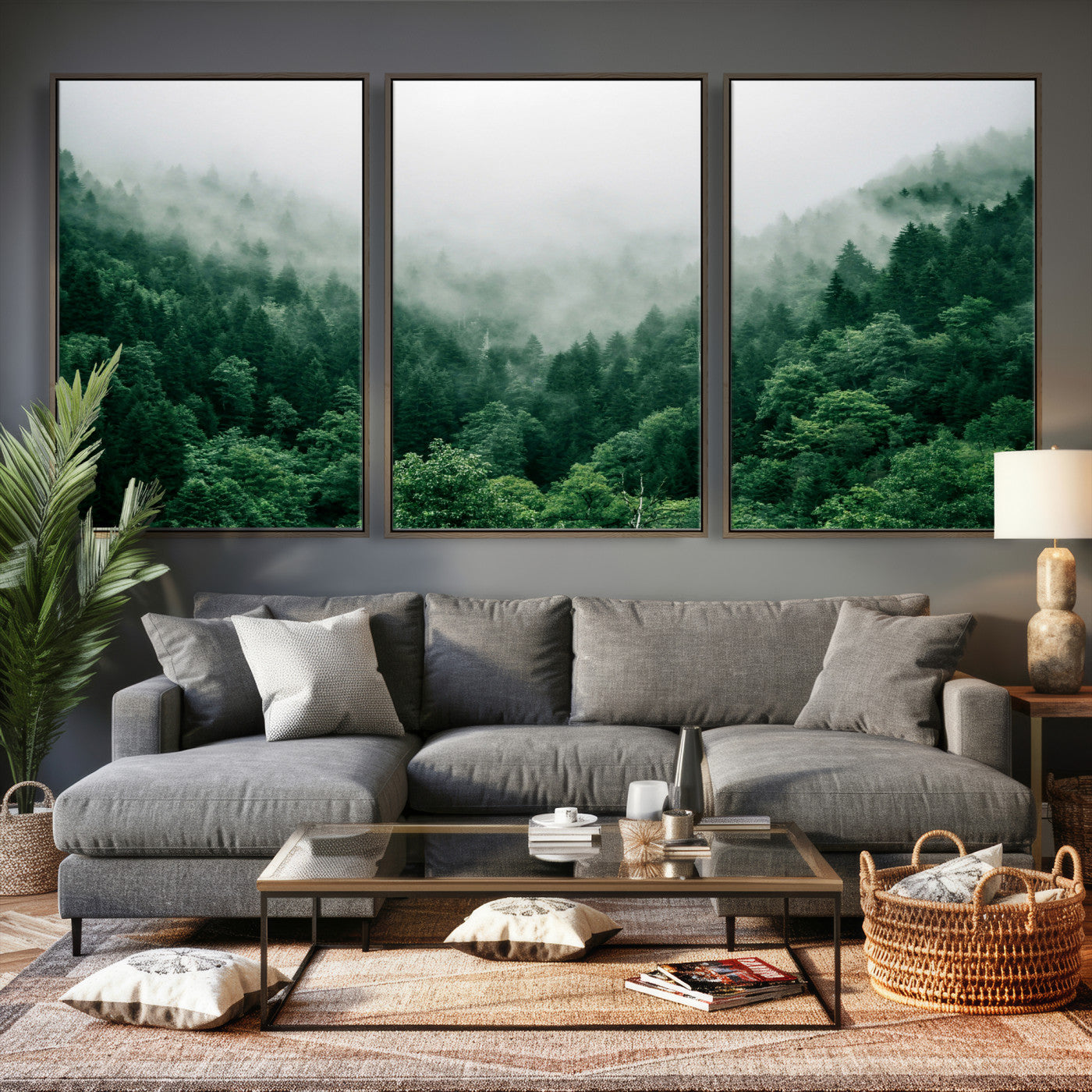 61640815-MGV-CV-36X24 - Misty Pine Forest Wall Art Canvas Print, Foggy Evergreen Landscape Wall Decor, Moody Green Nature Artwork, Minimal Forest Canvas Wall Art, Framed Canvas Wall Art Ready to Hang