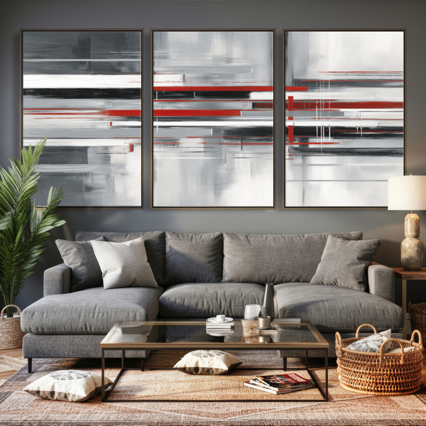 62640681-MGV-CV-36X24 - Gray Red Abstract Wall Art Canvas Print, Modern Abstract Canvas Wall Decor for Contemporary Living Room and Office