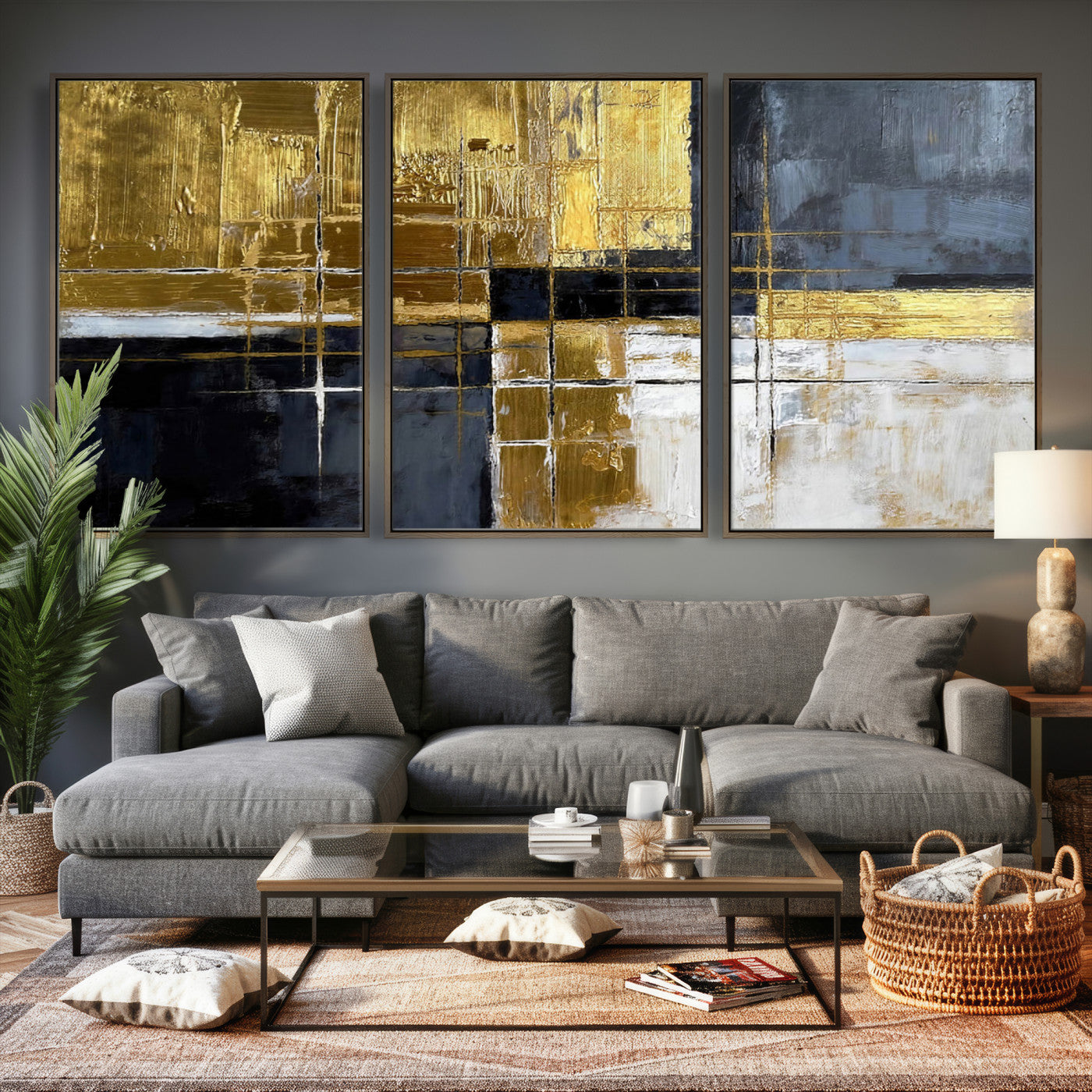 76917030-MGV-CV-36X24 - Gold Navy Abstract Wall Art Canvas Print, Modern Luxury Geometric Painting Wall Decor for Living Room and Office