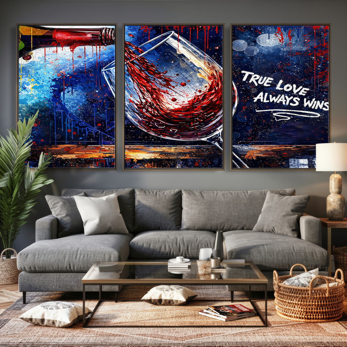 88788932-MGV-CV-36X24 - Red Wine Splash Abstract Wall Art Canvas Print, Modern Wine Glass Painting Canvas Print, Romantic Quote Contemporary Bar Art Print