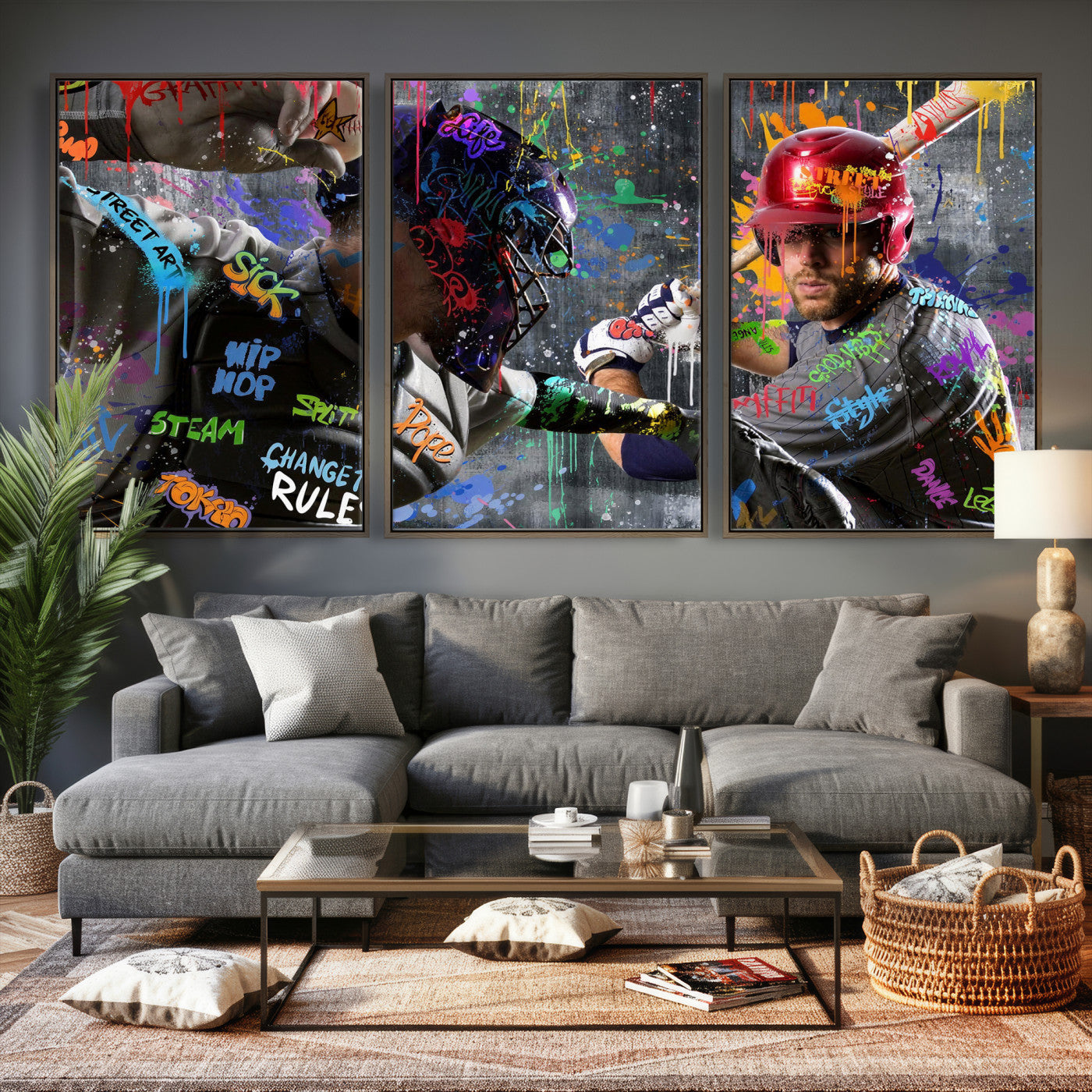 19634994-MGV-CV-36X24 - Graffiti Baseball Player Street Art Wall Art Canvas Print, Urban Sports Pop Art Baseball Canvas Print, Modern Athletic Graffiti Contemporary Art Printing
