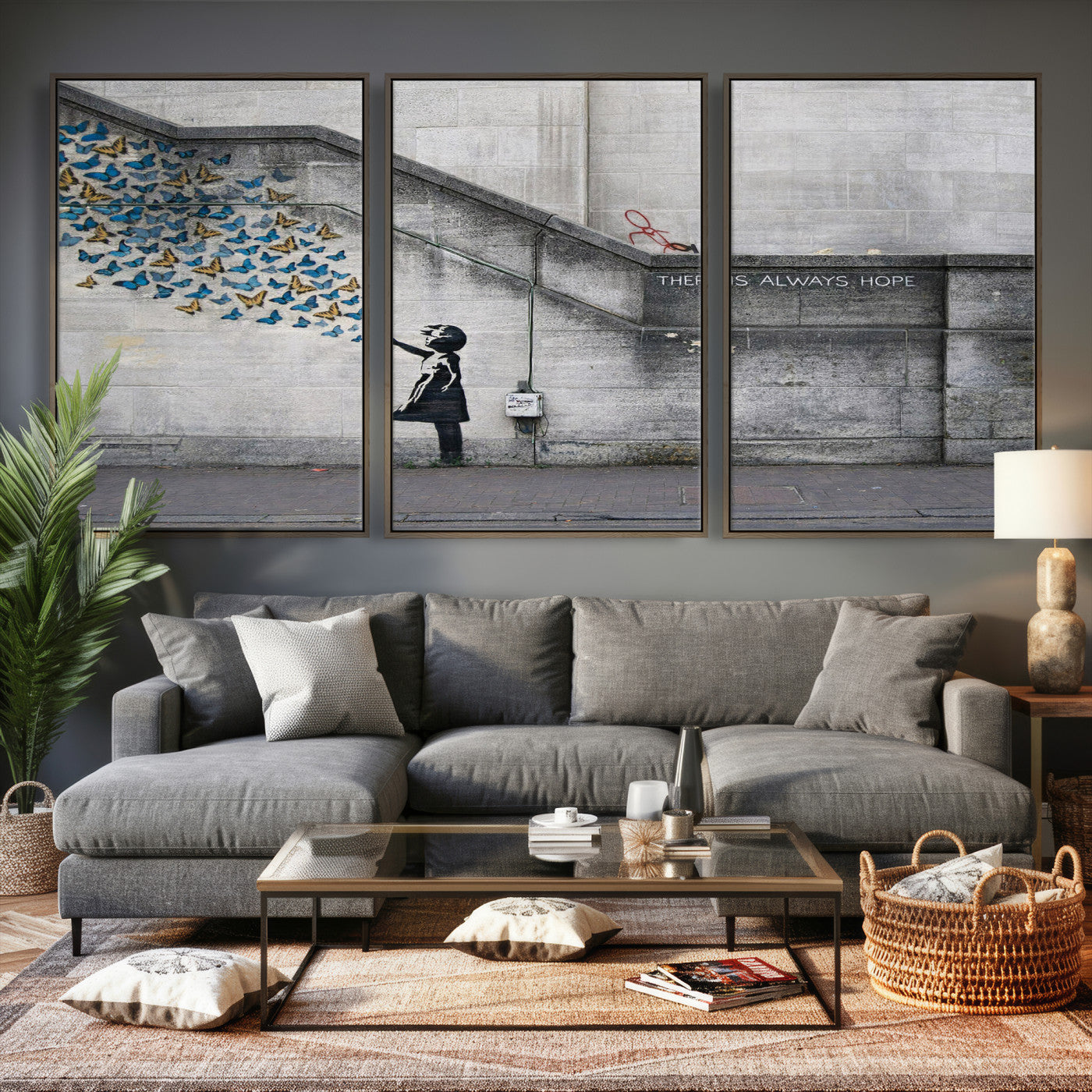 15274223-MGV-CV-36X24 - Banksy Girl with Butterflies Street Art Wall Art Canvas Print, Hope Graffiti Urban Art Canvas Print, Minimalist Inspirational Street Art Contemporary Art Printing