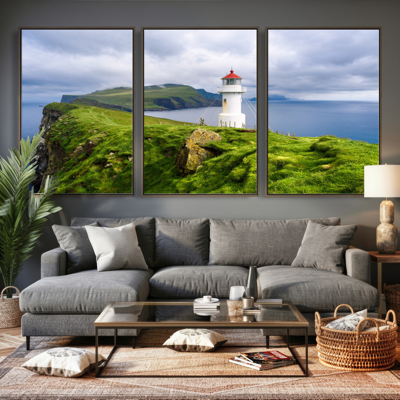 10680390-MGV-CV-36X24 - Coastal Lighthouse Wall Art Canvas Print, Cliffside Ocean Landscape Canvas Print, Scandinavian Coastal Decor for Living Room