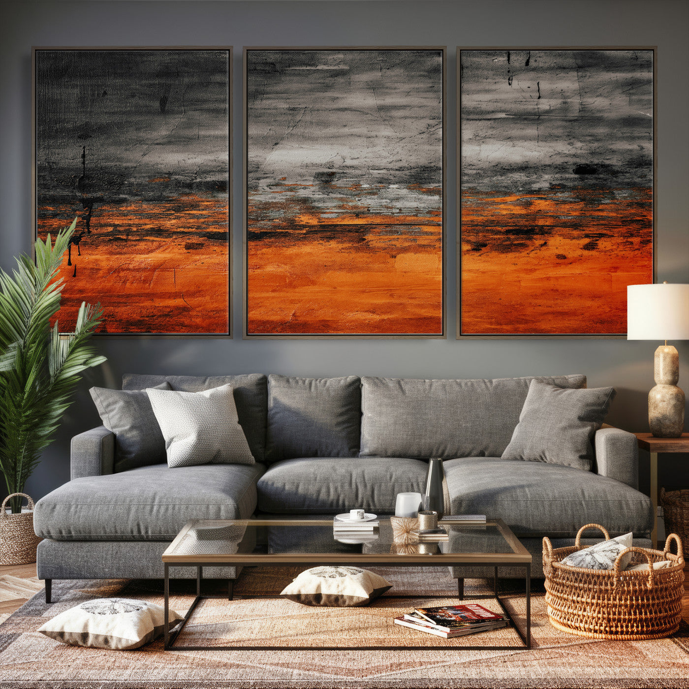 75409282-MGV-CV-36X24 - Black Orange Abstract Wall Art Canvas Print Modern Textured Painting Decor