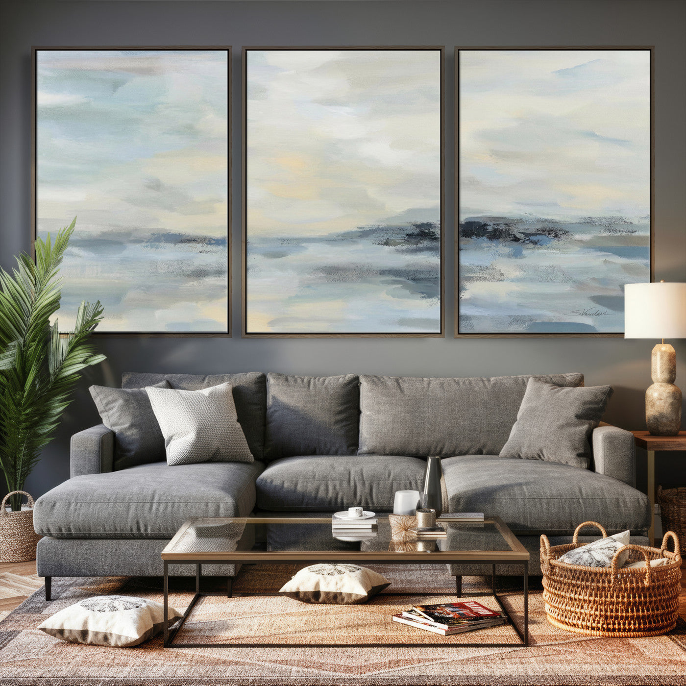 24647355-MGV-CV-36X24 - Abstract Coastal Landscape Wall Art Canvas Print – Soft Blue Gray Minimalist Painting