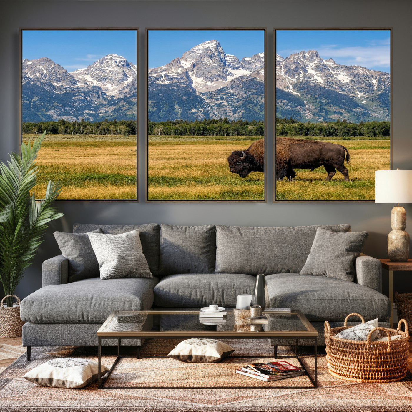 20424529-MGV-CV-36X24 - Bison in Mountain Landscape Wall Art Canvas Print – Western Wildlife Artwork for Rustic Living Room Decor
