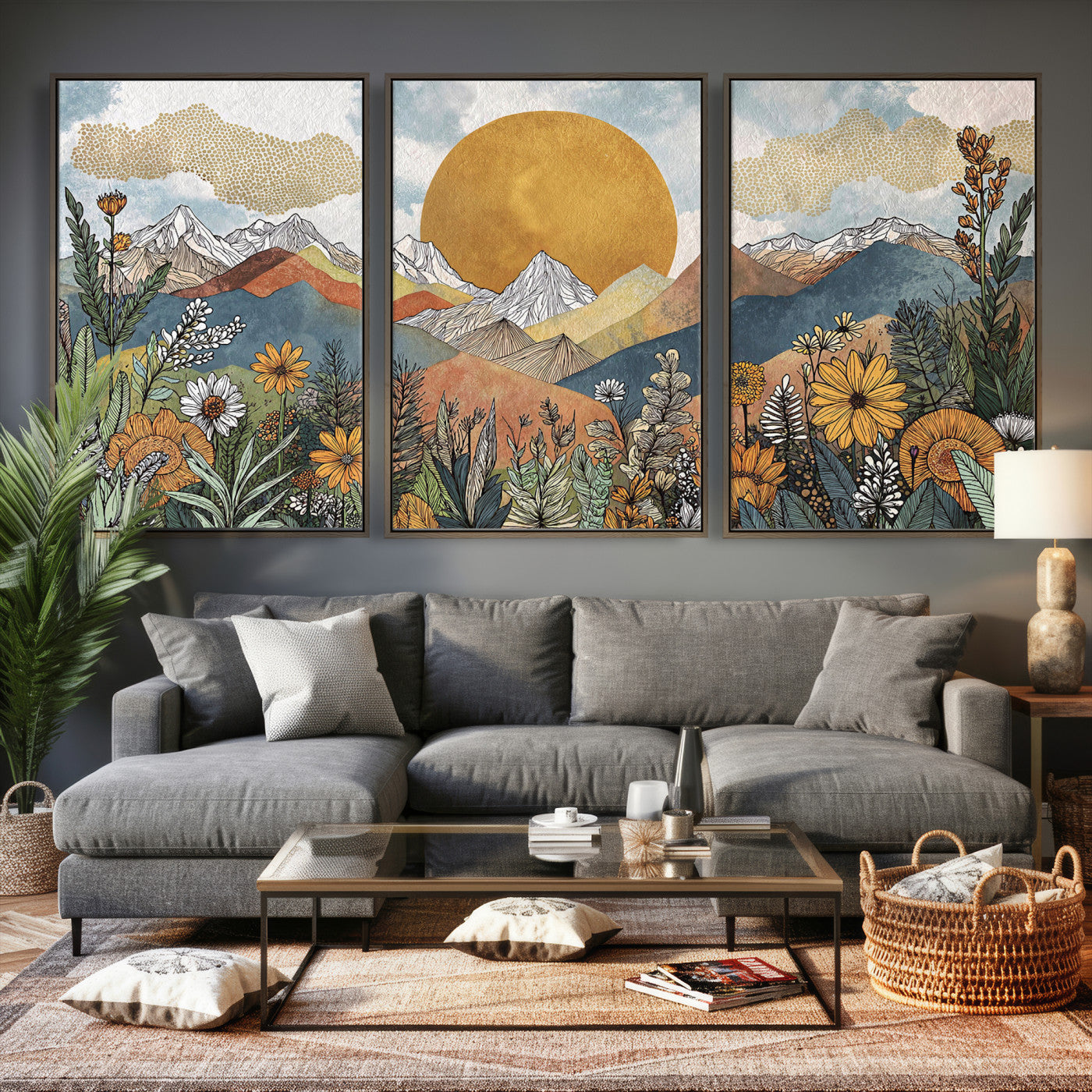 17540863-MGV-CV-36X24 - Boho Mountain Landscape Large Wall Art, Horizontal Gold Framed Canvas Print with Sun and Flowers