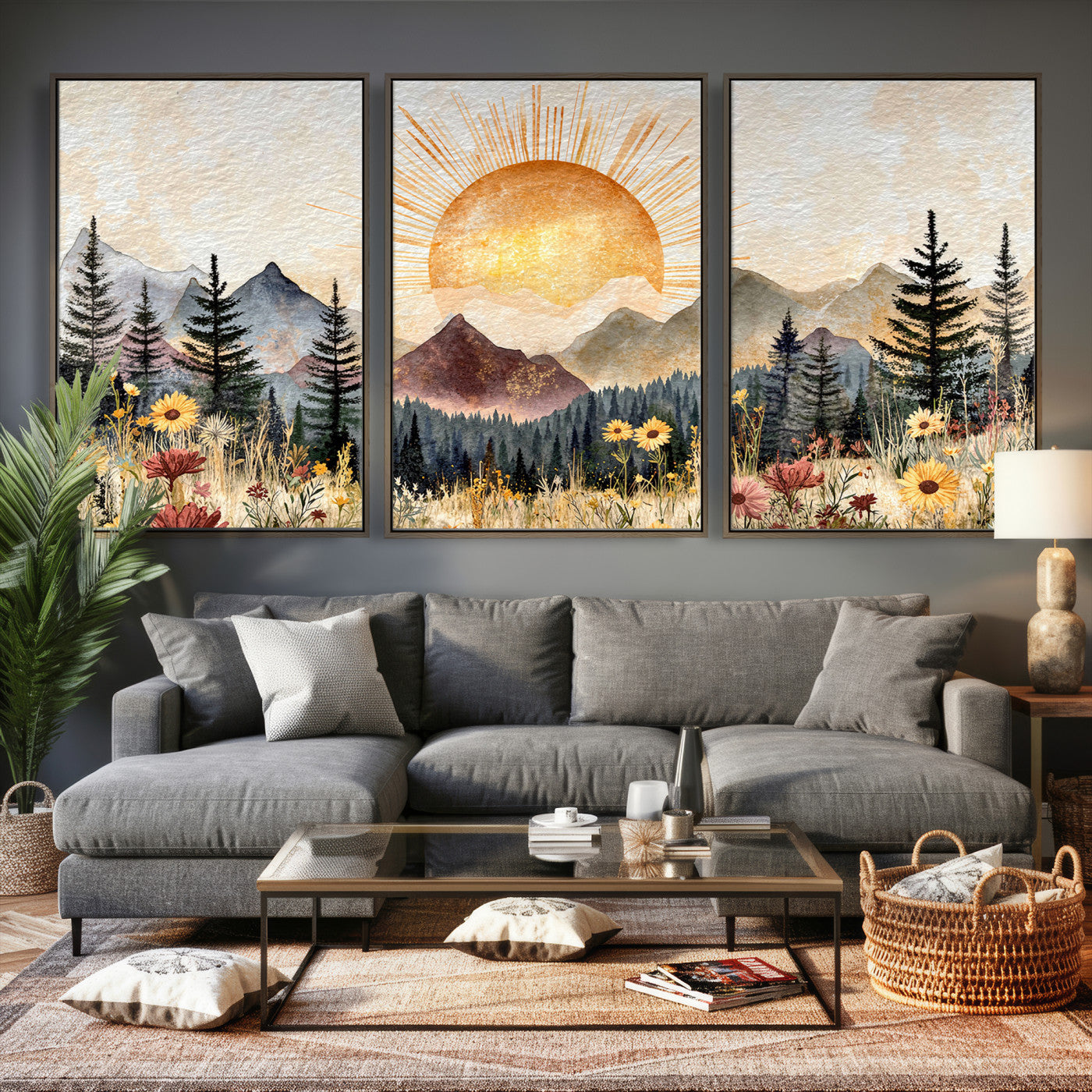 69025244-MGV-CV-36X24 - Boho Mountain Landscape Large Wall Art, Horizontal Gold Framed Canvas Print with Sun and Flowers