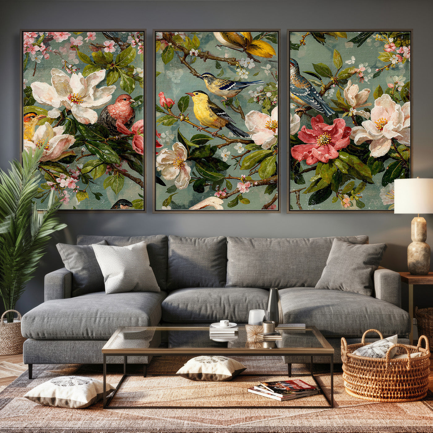 77883606-MGV-CV-36X24 - Vintage Birds and Flowers Wide Wall Art: Extra Large Panoramic Botanical Print