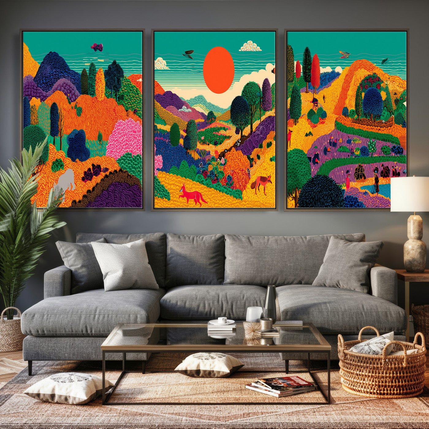 45710397-MGV-CV-48X32-3P - Colorful Japanese Landscape Print: Maximalist Panoramic Wall Art