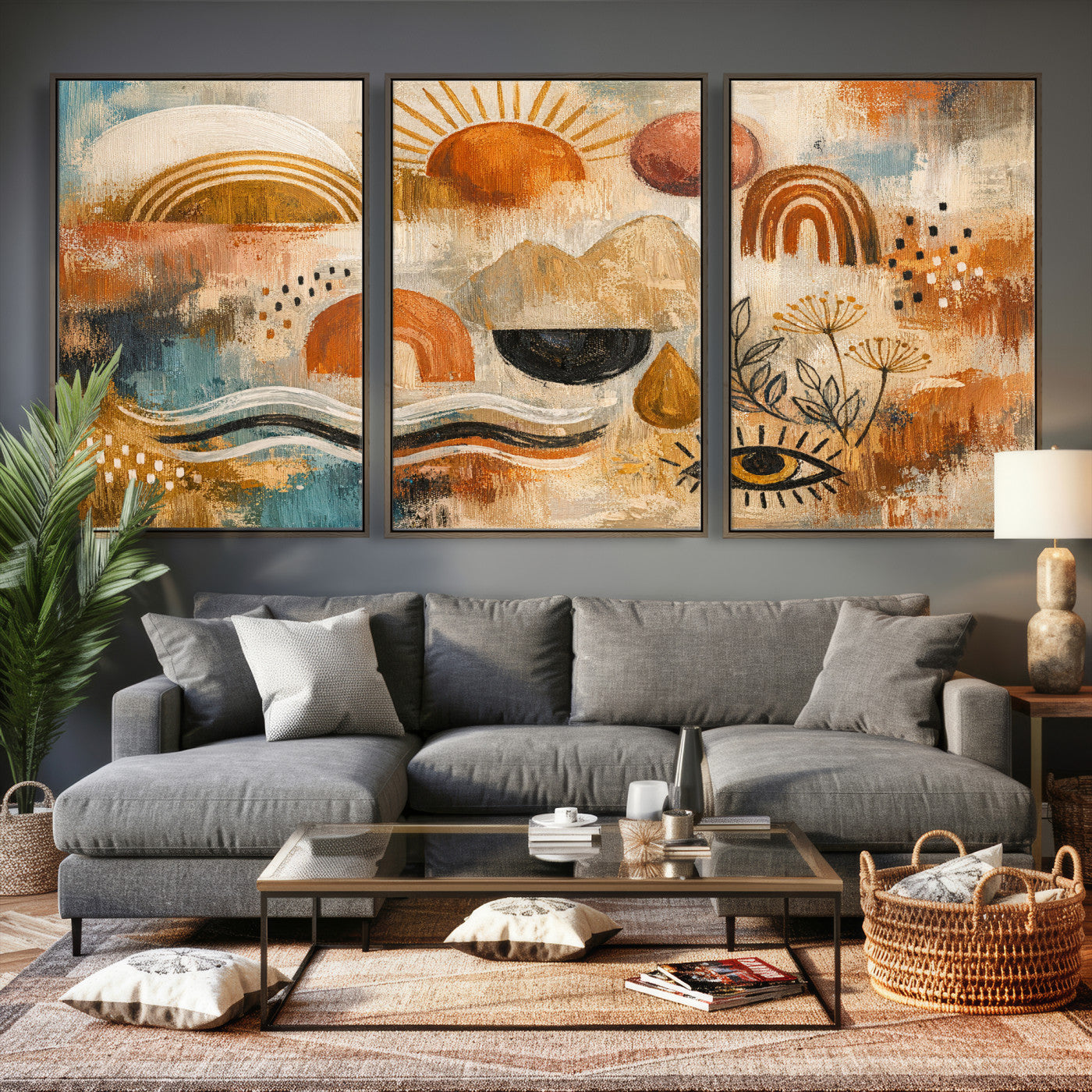 52155239-MGV-CV-36X24 - Geometric Boho Abstract Wall Art Canvas Print, Orange Blue Abstract Expressionist Painting Print, Modern Geometric Abstract Canvas Art