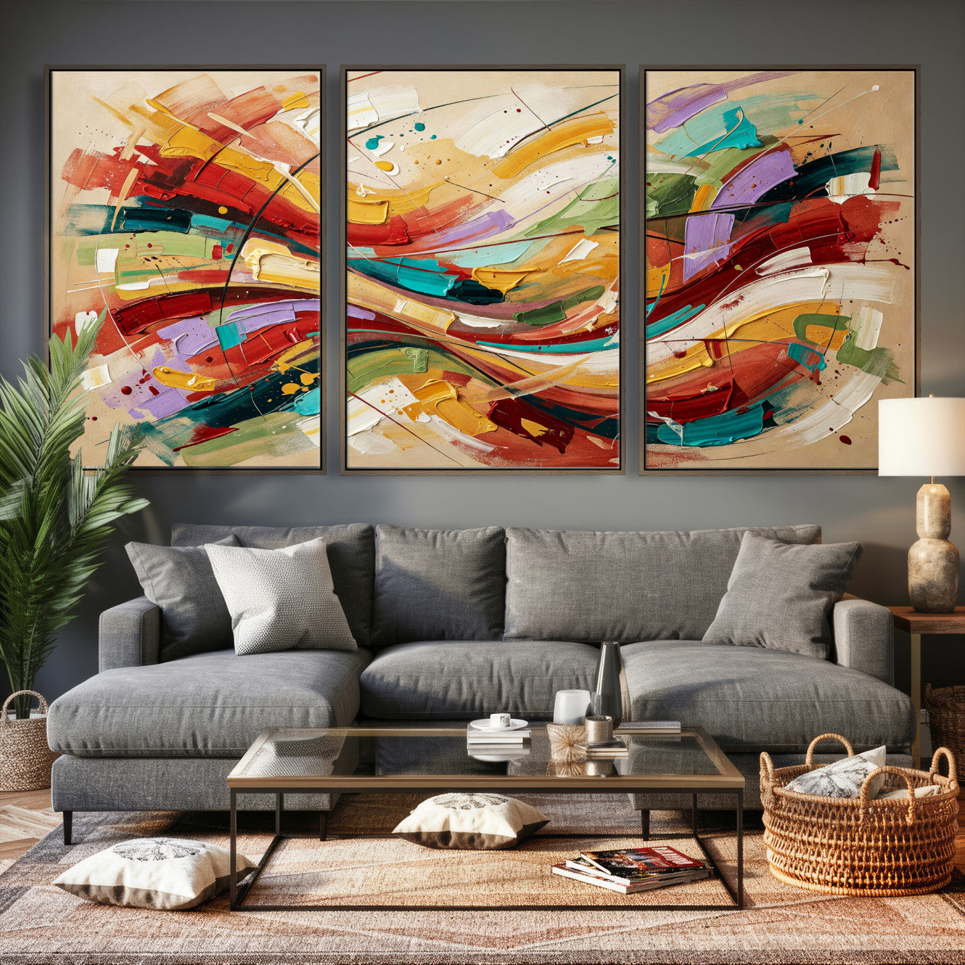 39887645-MGV-CV-36X24 - Geometric Abstract Wall Art Canvas Print, Orange Blue Abstract Expressionist Painting Print, Modern Geometric Abstract Canvas Art