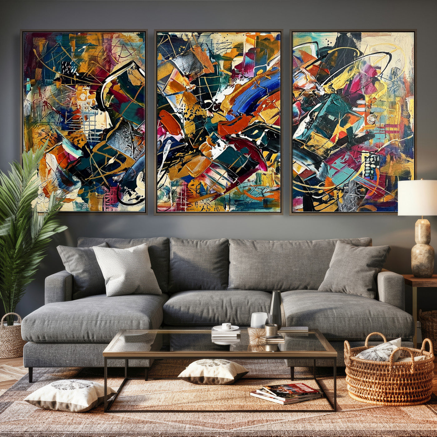 15525527-MGV-CV-36X24 - Geometric Abstract Wall Art Canvas Print, Orange Blue Abstract Expressionist Painting Print, Modern Geometric Abstract Canvas Art