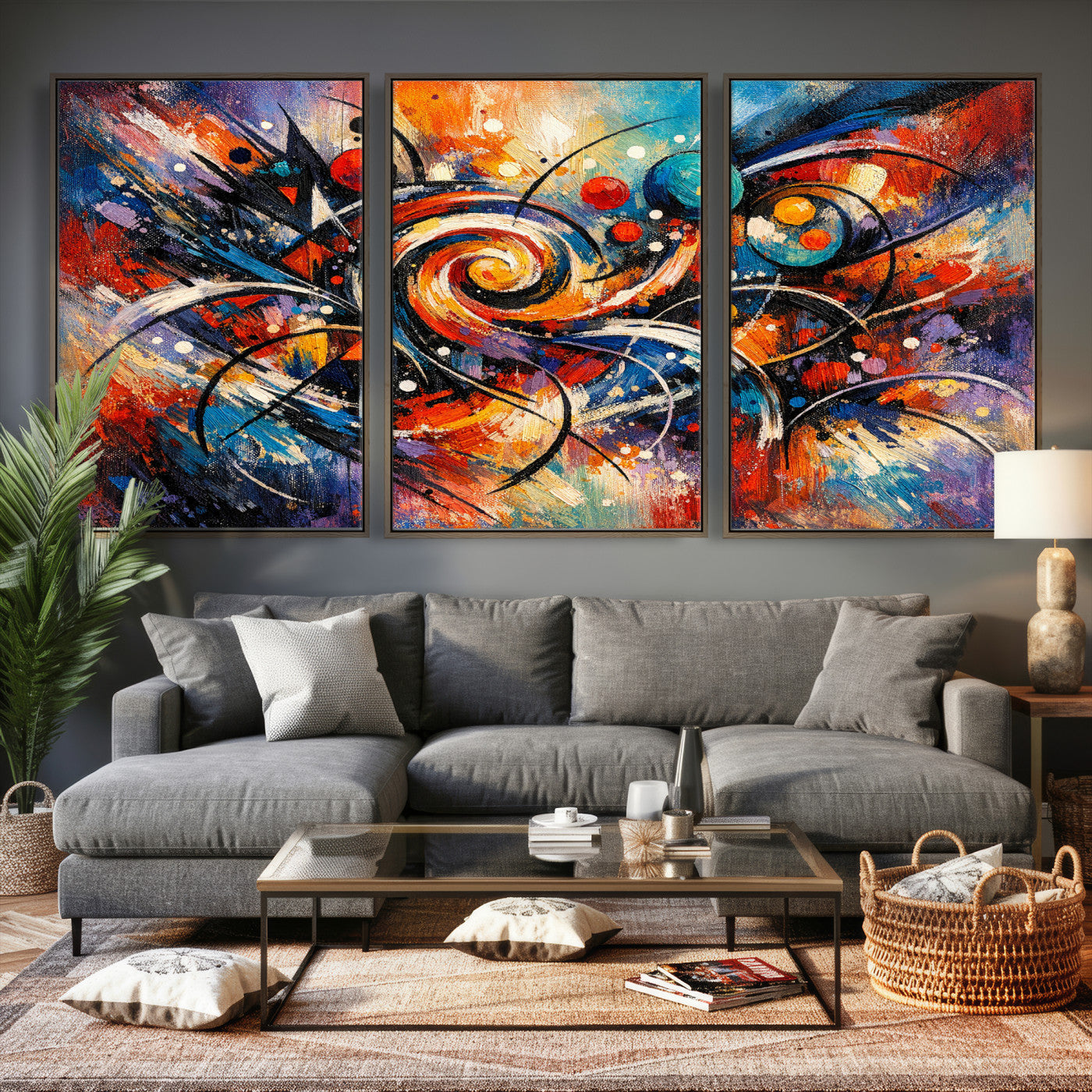 60193267-MGV-CV-36X24 - Geometric Abstract Wall Art Canvas Print, Orange Blue Abstract Expressionist Painting Print, Modern Geometric Abstract Canvas Art