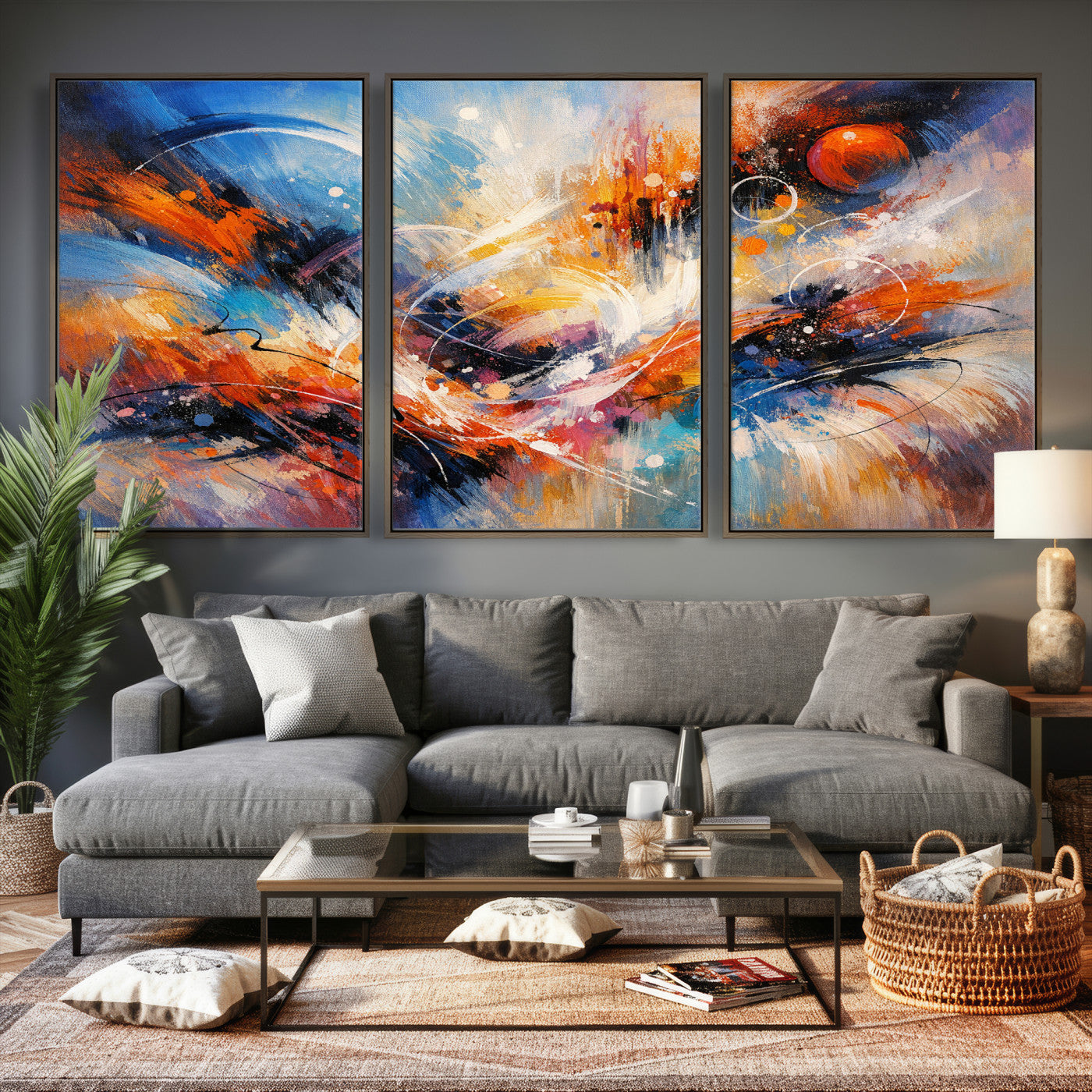 47770355-MGV-CV-36X24 - Geometric Abstract Wall Art Canvas Print, Orange Blue Abstract Expressionist Painting Print, Modern Geometric Abstract Canvas Art