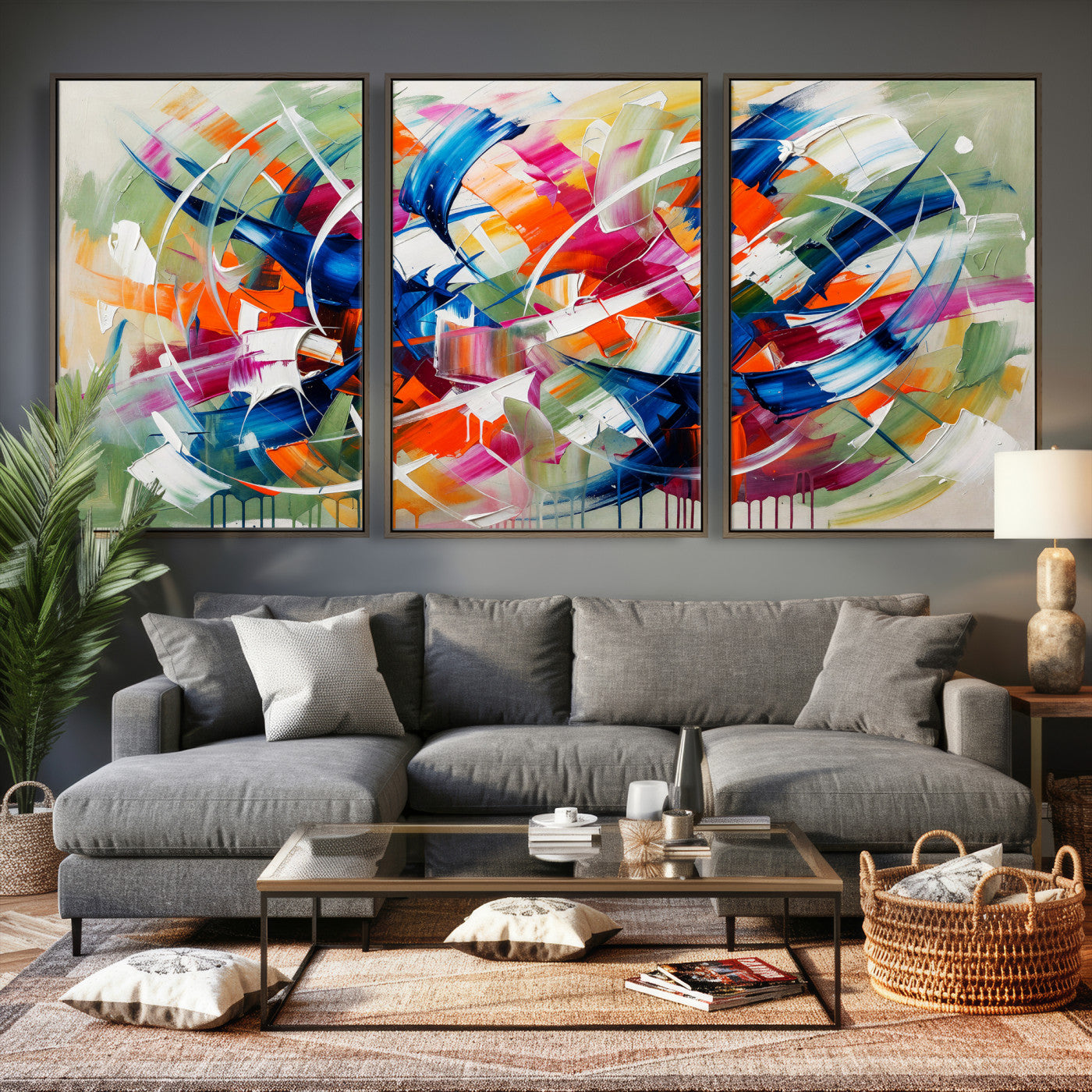 15032888-MGV-CV-36X24 - Geometric Abstract Wall Art Canvas Print, Orange Blue Abstract Expressionist Painting Print, Modern Geometric Abstract Canvas Art