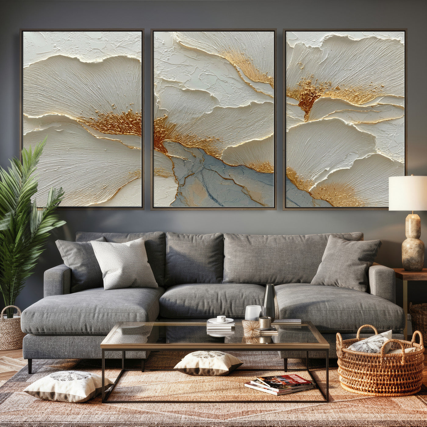 4712069F1-MGV-CV-36X24 - White Gold Floral Canvas Wall Art — Textured Flower Print | Luxury Botanical Decor | Elegant Bedroom Art | Gold Leaf Wall Art Gift