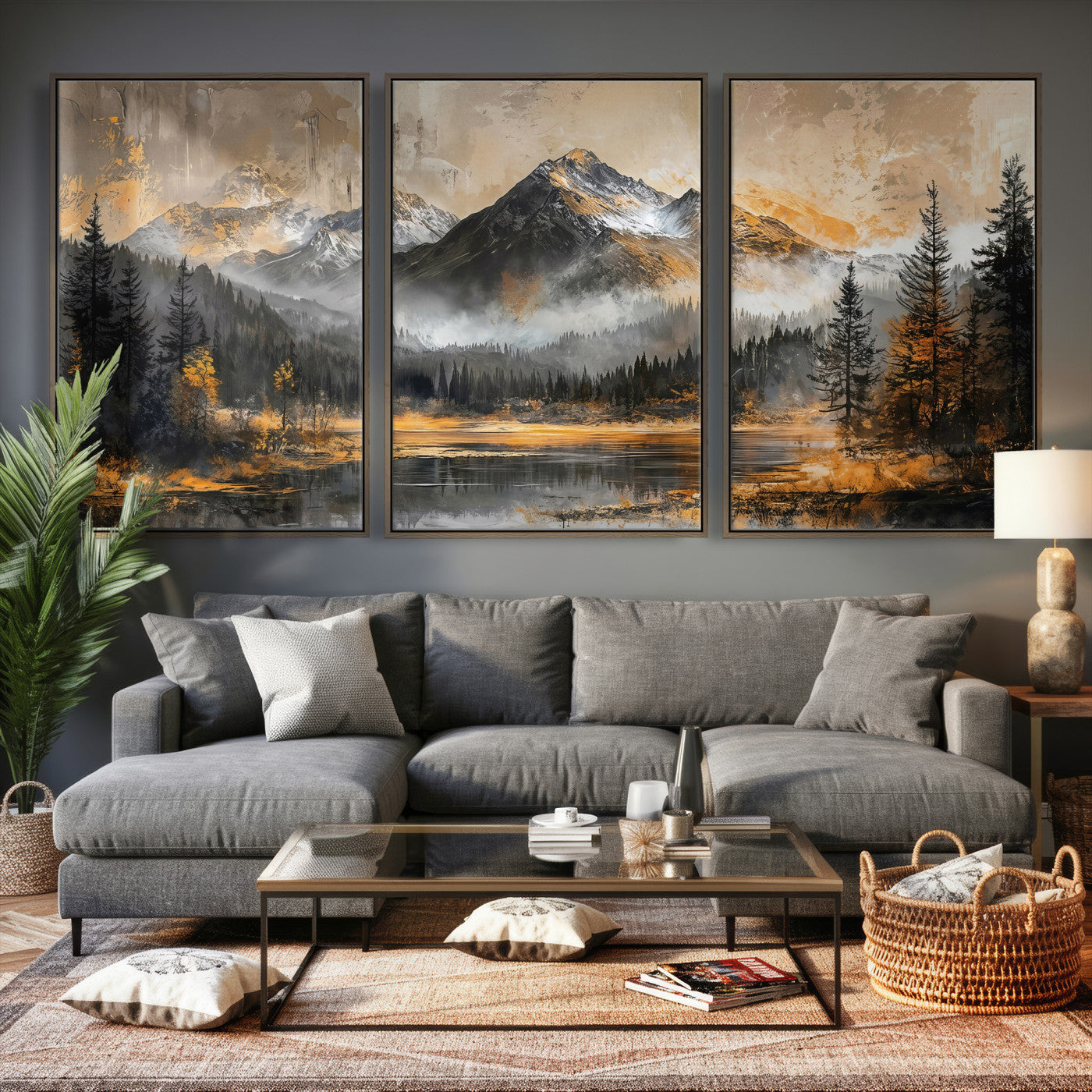 4712069D1-MGV-CV-36X24 - Mountain Lake Canvas Wall Art — Rustic Forest Landscape Print | Gold Grey Nature Decor | Cabin Wall Art | Large Wilderness Art Print Gift