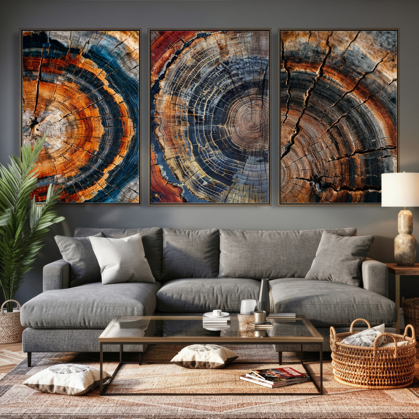 4712069W1-MGV-CV-48X32-3P - Tree Ring Triptych Canvas Wall Art — Set of 3 Wood Grain Print | Rustic Nature Decor | Earth Tone Wall Art | Unique Living Room Art Gift