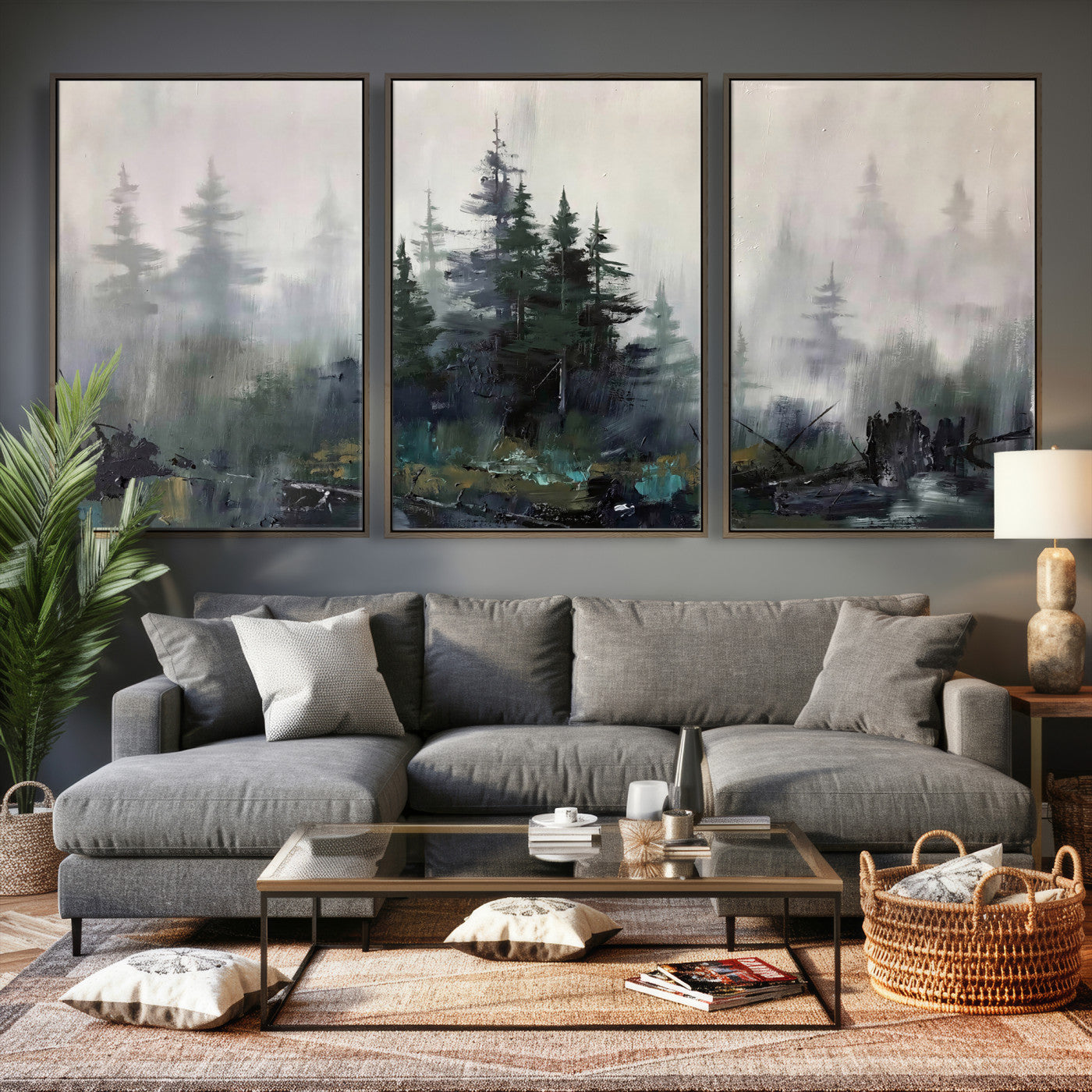 94143325-MGV-CV-36X24 - Misty Pine Forest Oil Painting Canvas — Dark Moody Teal Grey Tree Print | Japandi Scandinavian Wall Art | Minimalist Nature Decor Gift