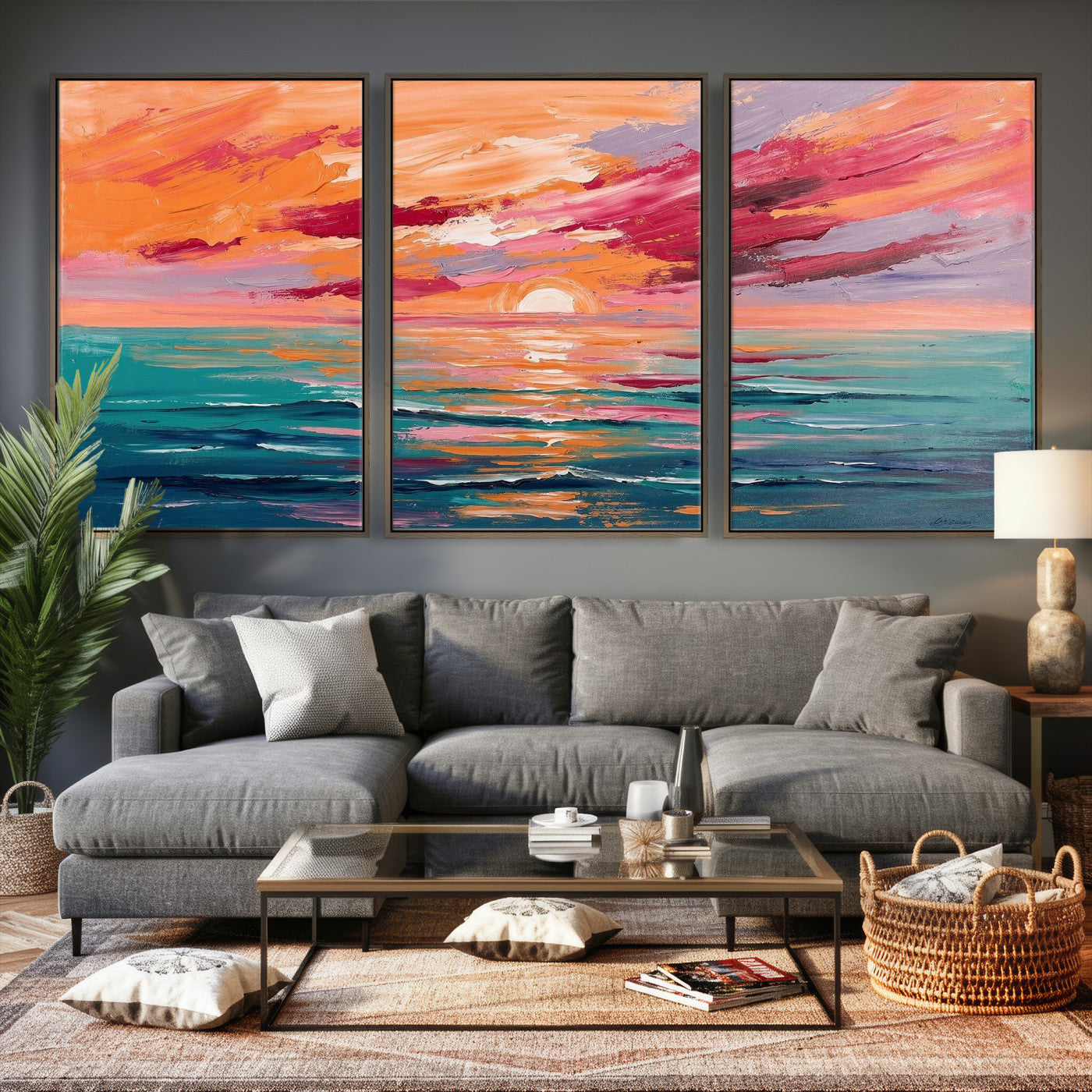 26763902-MGV-CV-36X24 - Bold Palette Knife Ocean Sunset Canvas — Orange Pink Teal Expressionist Sea Print | Colorful Coastal Wall Art | Vibrant Beach Decor Gift
