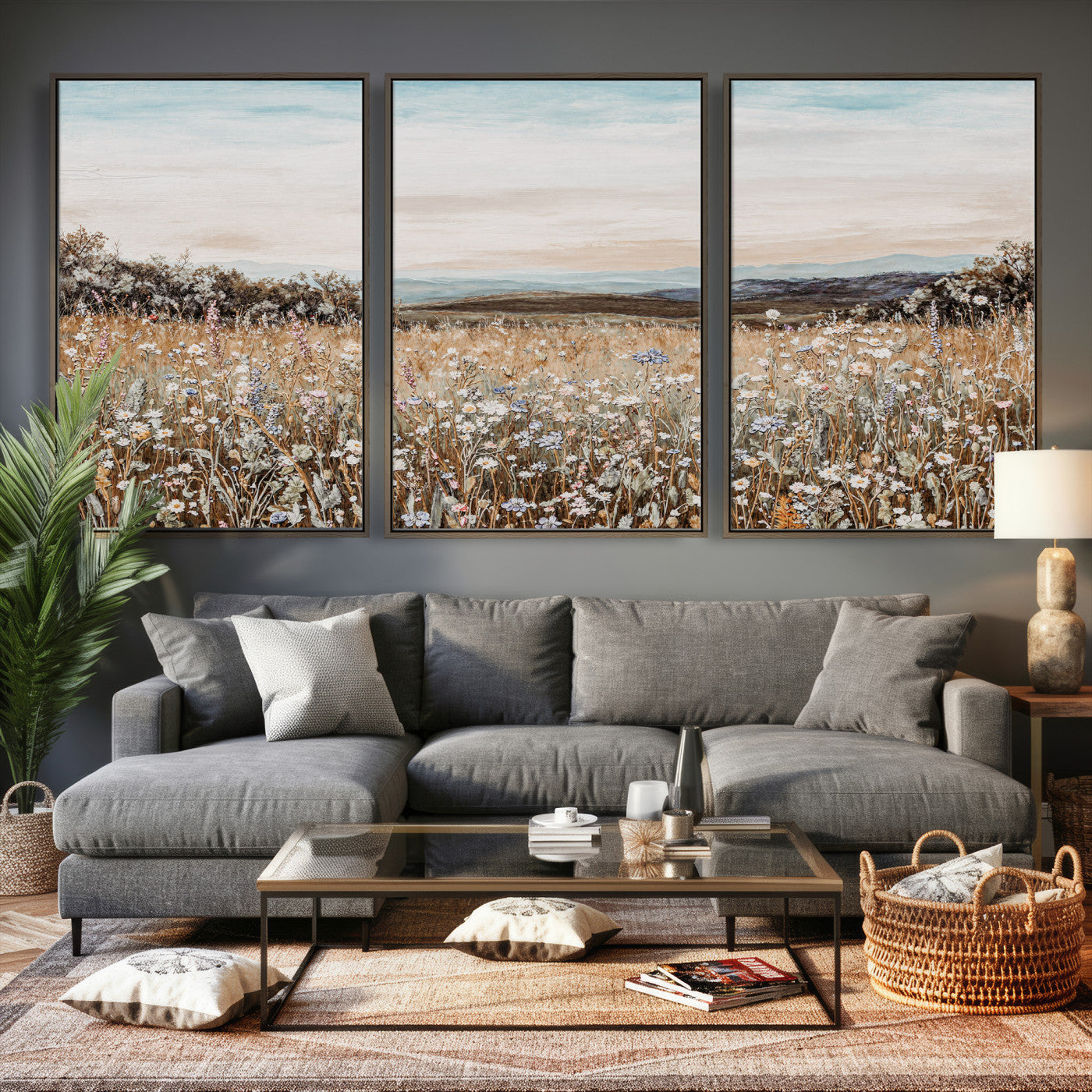 F35773805-MGV-CV-36X24 - Neutral Wildflower Field Canvas Wall Art — Beige Earth Tone Botanical Meadow Print | Farmhouse Boho Decor | Bedroom Living Room Gift Her