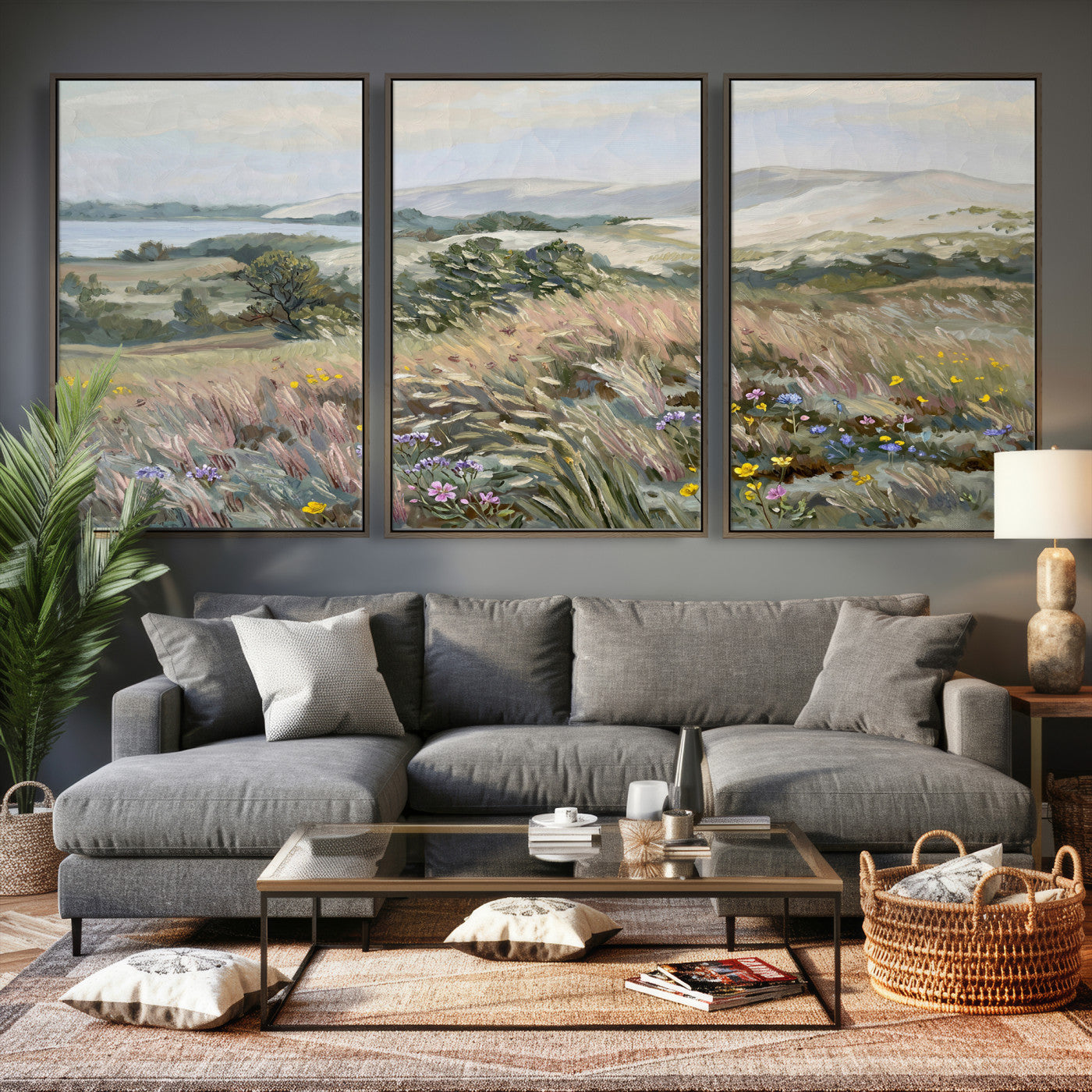 18013232-MGV-CV-36X24 - Katie Staples Hillside Canvas Wall Art — Coastal Wildflower Dune Oil Painting Print | Muted Green Nature Decor | Plein Air Landscape Gift