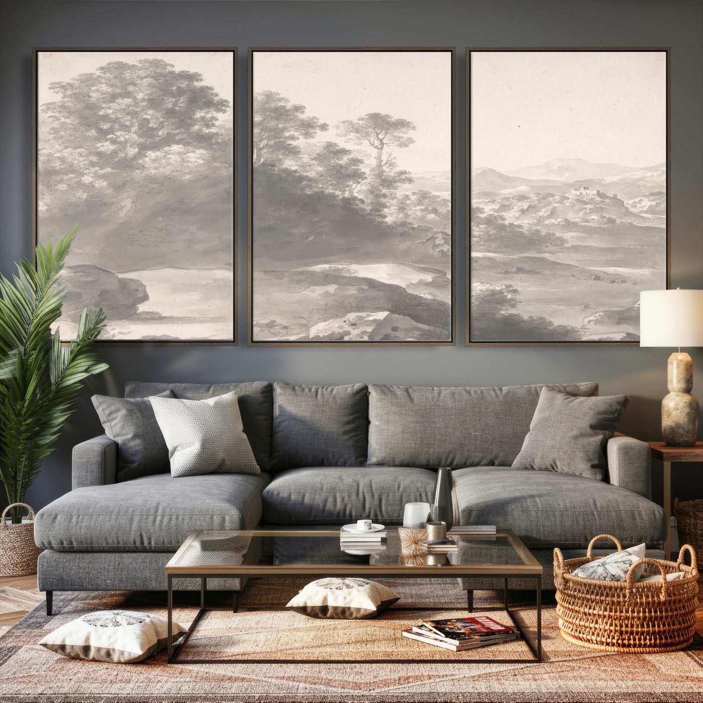 33041209-MGV-CV-36X24 - Van Poelenburch Landscape Canvas Wall Art — Dutch Golden Age Gray Wash Drawing Print | Baroque Italianate Nature Decor | Old Master Classic Gift