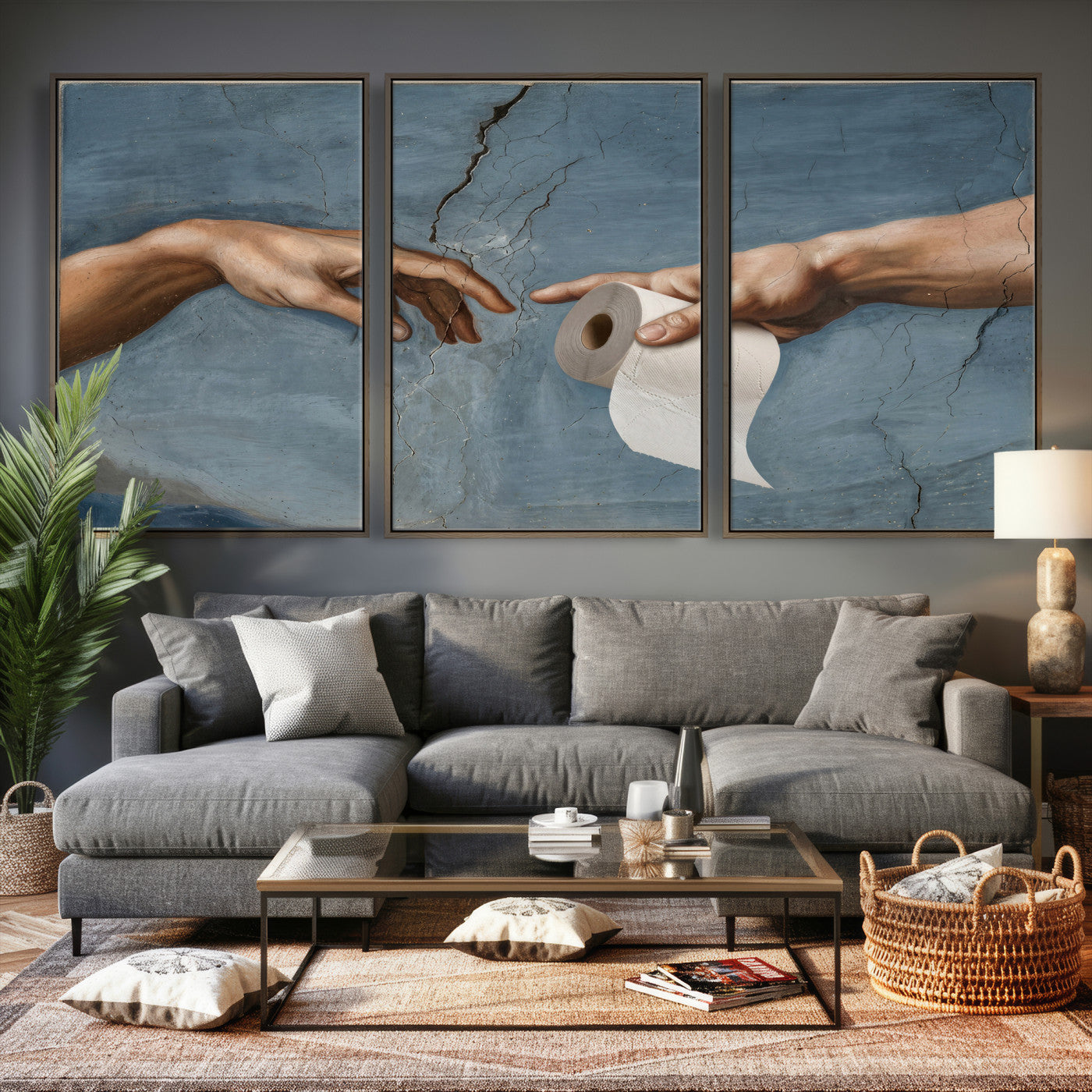 42648143-MGV-CV-36X24 - Funny Bathroom Canvas Wall Art, Michelangelo Creation of Adam Toilet Paper Parody, Renaissance Humor Print, Quirky Housewarming Gift, Toilet Room Decor