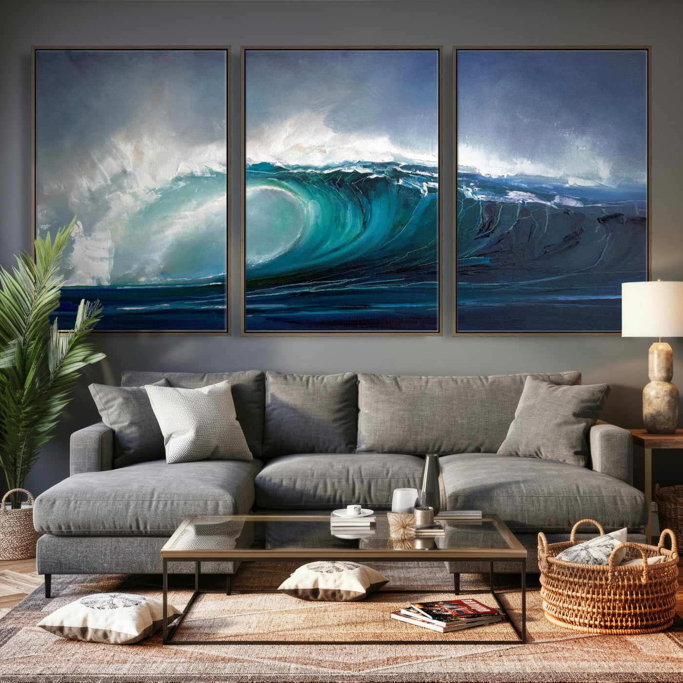 35491180-MGV-CV-60X30-3P - Ocean Wave Canvas Wall Art, Dramatic Teal Blue Seascape Oil Painting Print, Stormy Sea Coastal Decor, Large Beach House Art, Surf Wave Statement Art