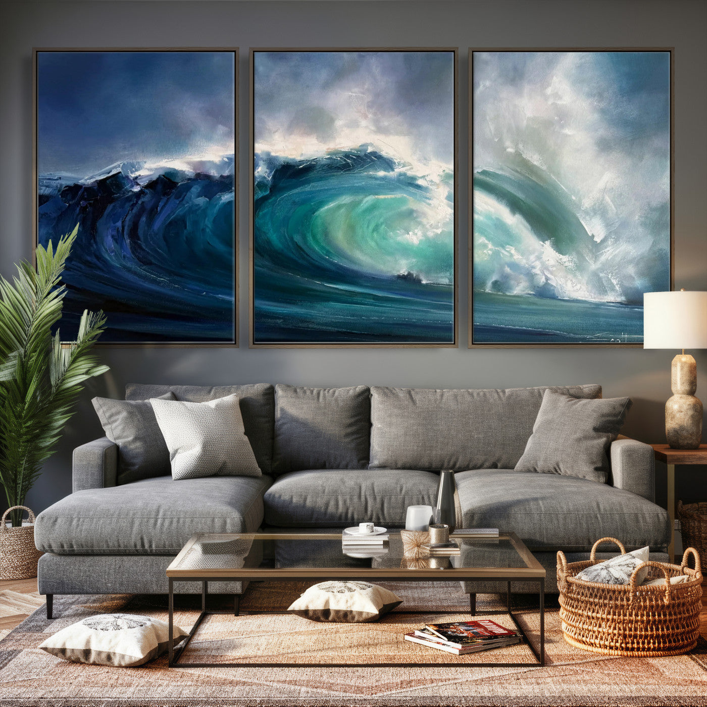 80752160-MGV-CV-60X30-3P - Ocean Wave Canvas Wall Art, Dramatic Teal Blue Seascape Oil Painting Print, Stormy Sea Coastal Decor, Large Beach House Art, Surf Wave Statement Art